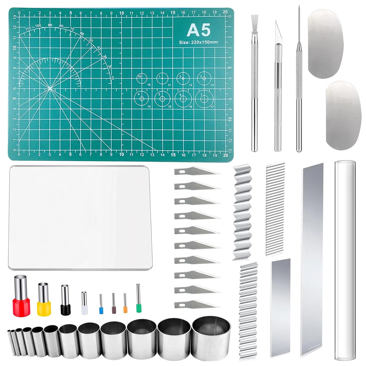 Polymer Clay Tools Set, Acryl Tonrollen, Acrylplatte, Schneidematte, Runde Polymer Clay Ausstecher mit Clay Slicer Blade für Töpferei und Bildhauerei, 43 Stück