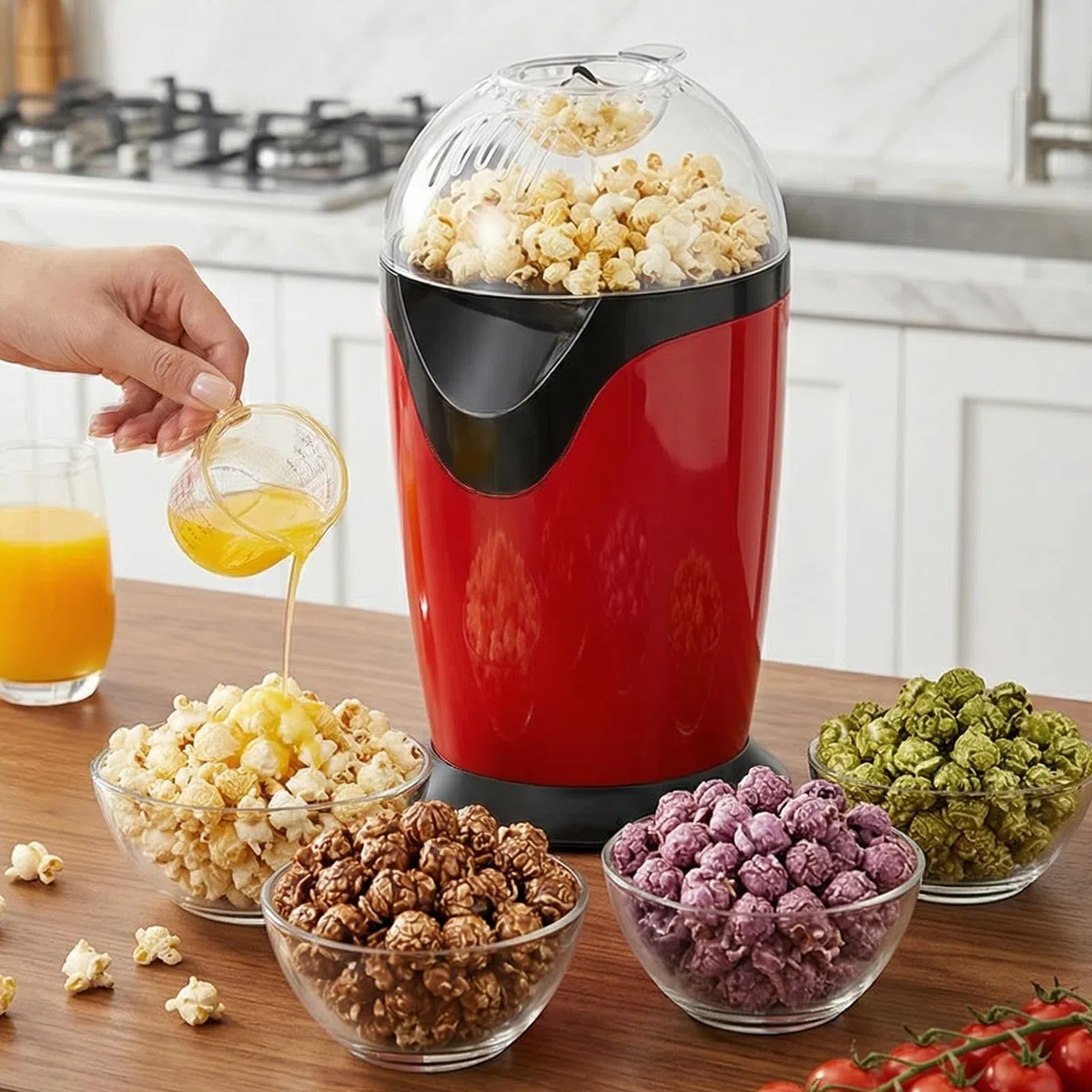 Popcornmaschine,1200W 220V Heißluft Popcorn Maker,Elektrische Popcorn Maschinen,Retro Popcorn Maker,Mini Popcorn Maker Für Heimkino,Filmabende,Partys,3 Minuten Schnell Und Einfach,Schwarz-Rot