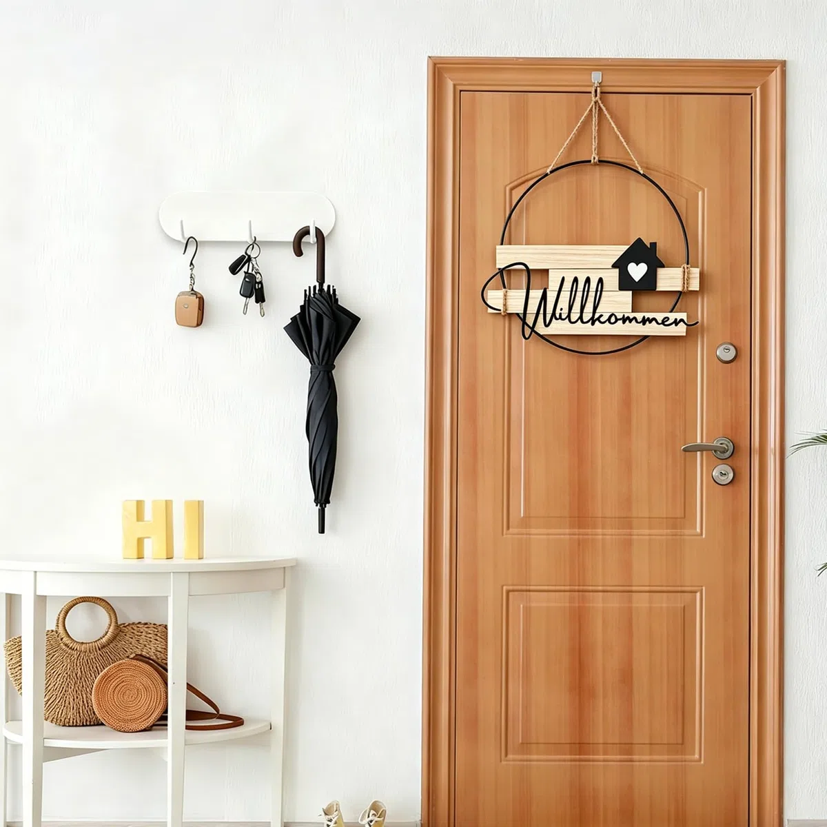 Türkranz Willkommen Ganzjährig, Willkommensschild Haustür aus Metall und Holz, Boho Türdeko Haustür Deko Kranz Hängedeko für Eingang, Garten, Frühling, Sommer, Herbst, Winter