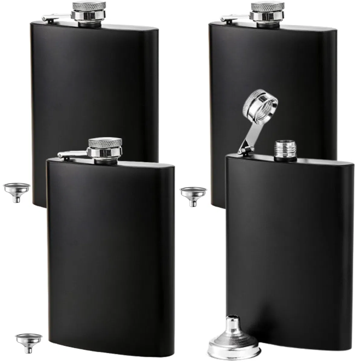 Lawei 4er Pack Flachmann mit 4 Trichter Taschenflasche Edelstahl Schnapsflasche Trinkflasche Auslaufsicher Geschenkidee - 240 ml, Schwarz