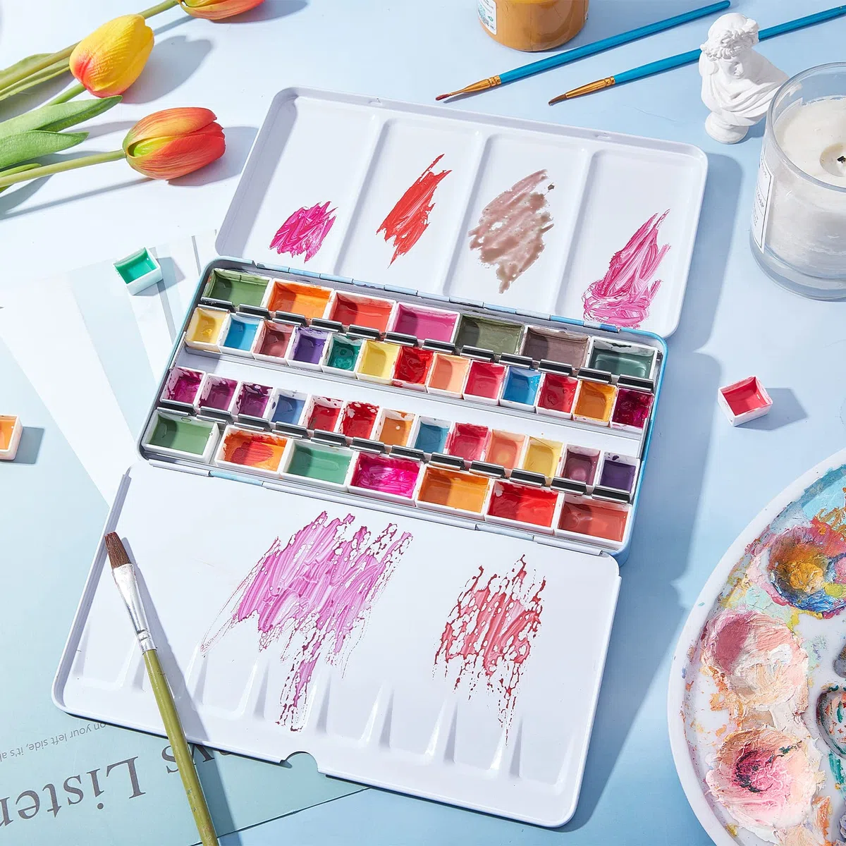 Pandahall Aquarelldose Leer 42 halbe Näpfchen & 24 volle Näpfchen Leere Aquarellpalette Aquarell-Tablettdose Mit Ausklappbarer Palette Für DIY-Aquarell-Ölgemälde Skizzieren Kunstzeichenzubehör