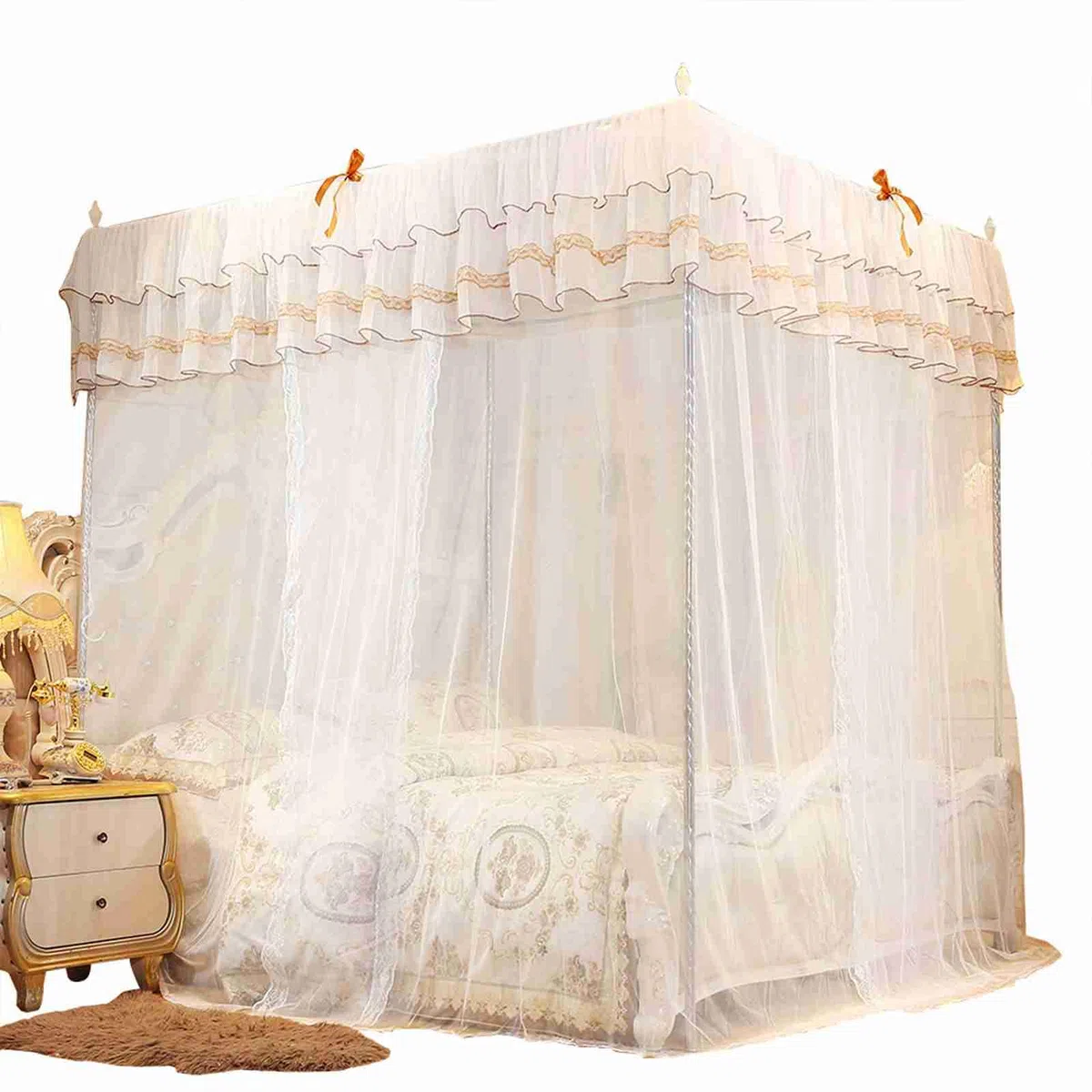 Vier-Eck-Moskitonetz, Schönes Spitzendesign, Einfacher Zugang für Damen, Schlafzimmer-Dekoration, Robustes Polyester-Material (180 * 200 * 200)