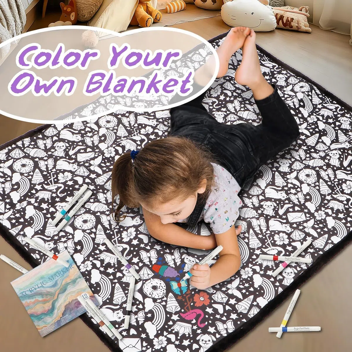 FIENZA DIY Färbung Decke Maldecke 150 * 125cm Coloring Blanket Mit 24-Farben Pinsel, Gemütliche Heimdekoration, Ideal für Urlaubs Kunsthandwerks Aktivitätspartys