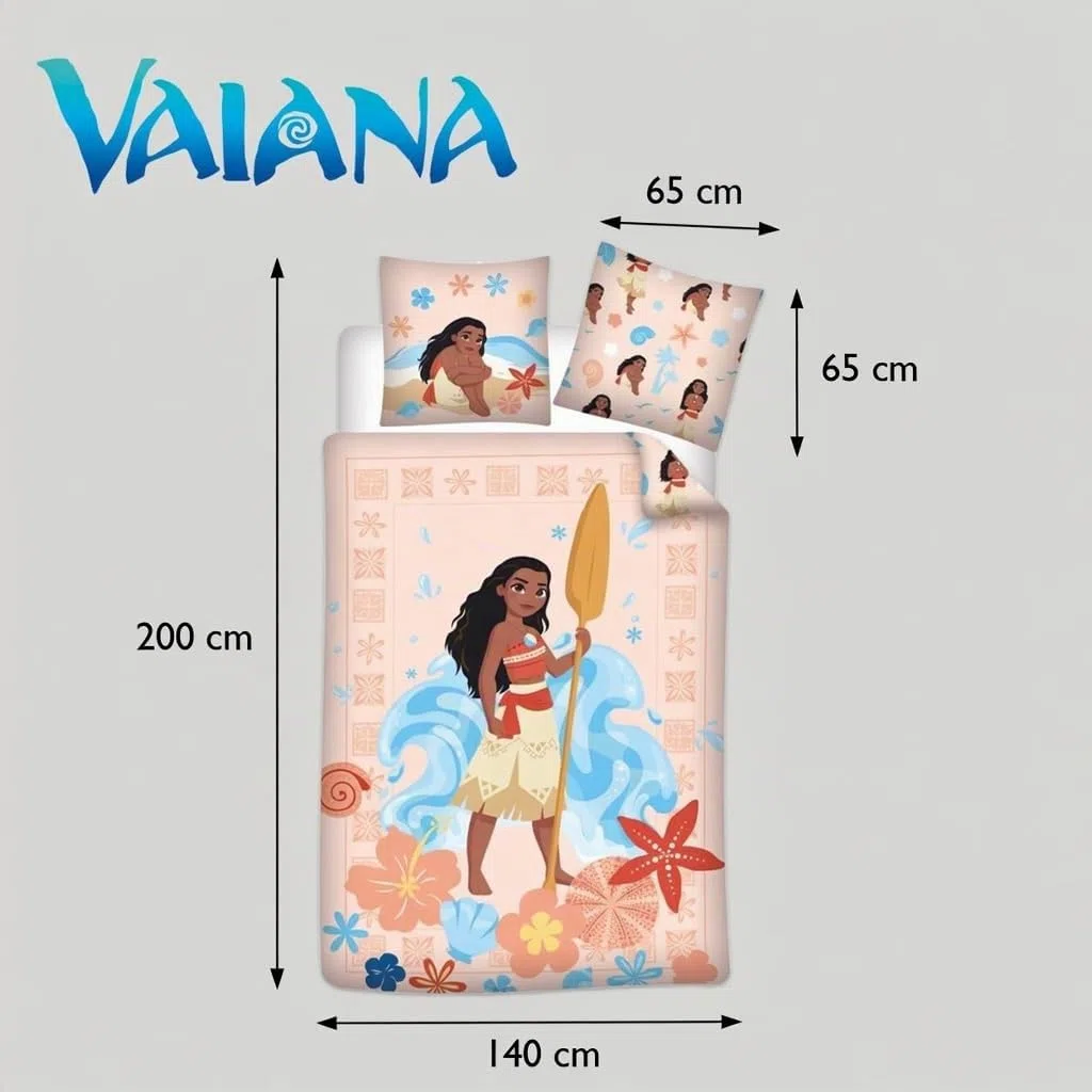 Vaiana Kinderbettwäsche 140x200 + Kissenbezug 65x65 100% Baumwolle Knöpfe | Wendebettwäsche Einzelbett | Naturbaumwolle atmungsaktiv Oeko-Tex | Disney | Mädchen | Knopfverschluss | Maschinenwaschbar