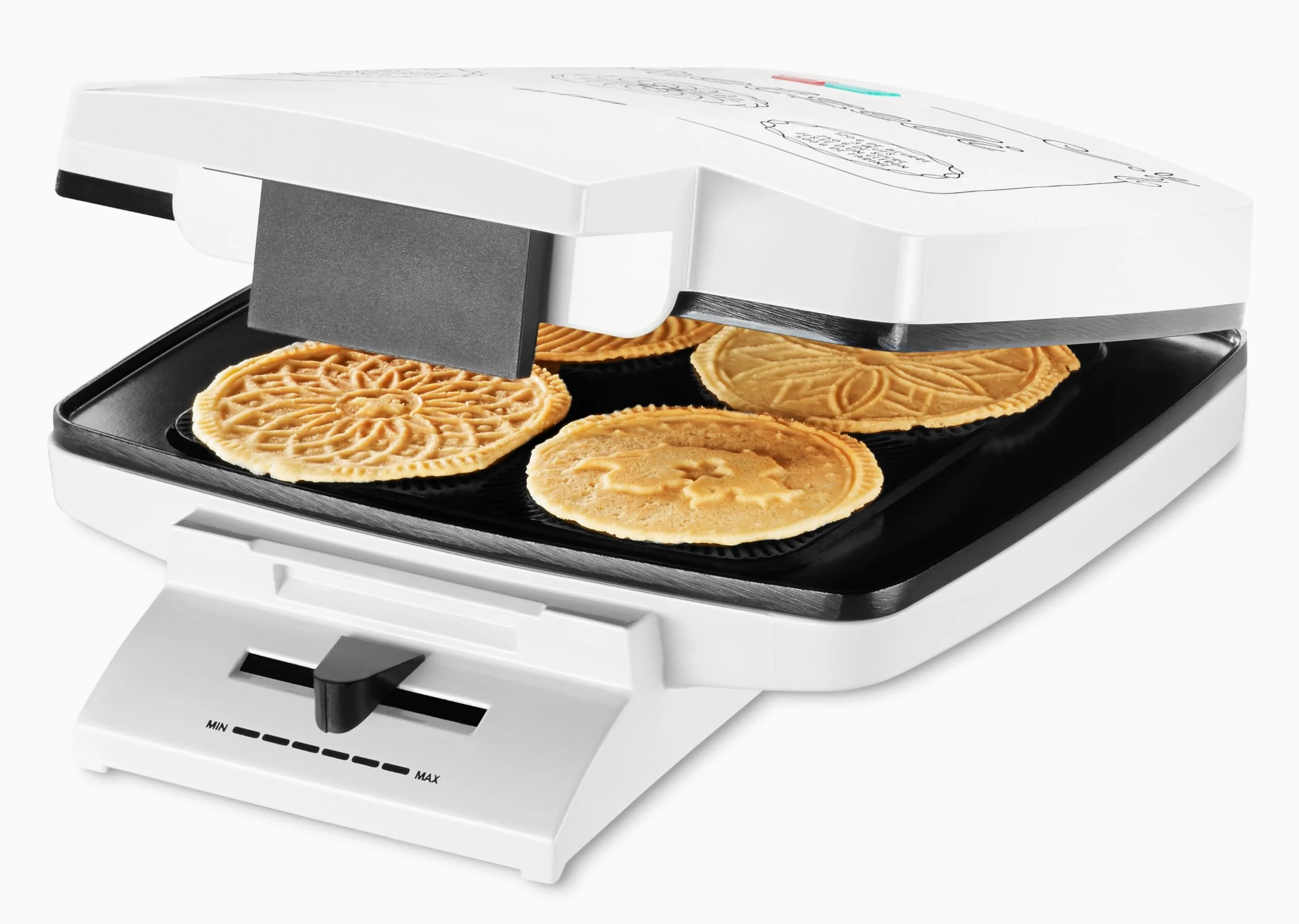Trisa Bricelet Classique - Schweizer Bretzeli-Eisen 1000W, Premium Hörnchenautomat für 4 Waffeln mit edlen Motiv-Prägungen, Eiswaffel Maker inkl. Hörnchenformer & Rezept auf dem Deckel, Weiß
