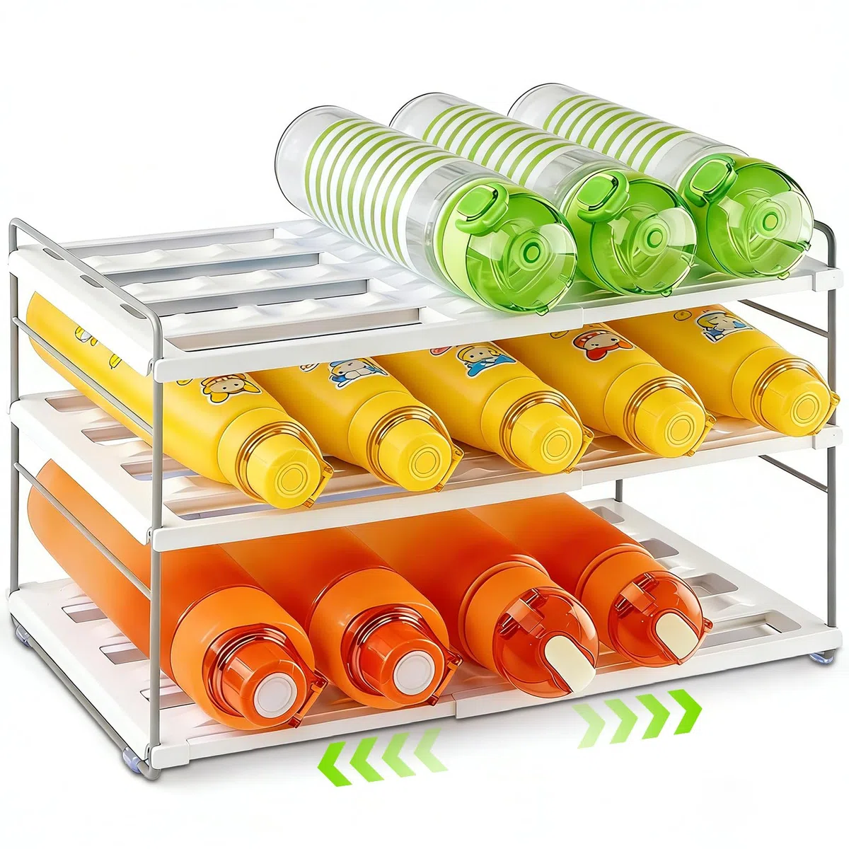 Raxfekro ausziehbarer Flaschen Organizer für Kühlschrank, Schrank und Küche, Flaschenregal mit verstellbaren Fächern für Wasserflaschen, Thermosflaschen und Getränke (26.5–42 cm)