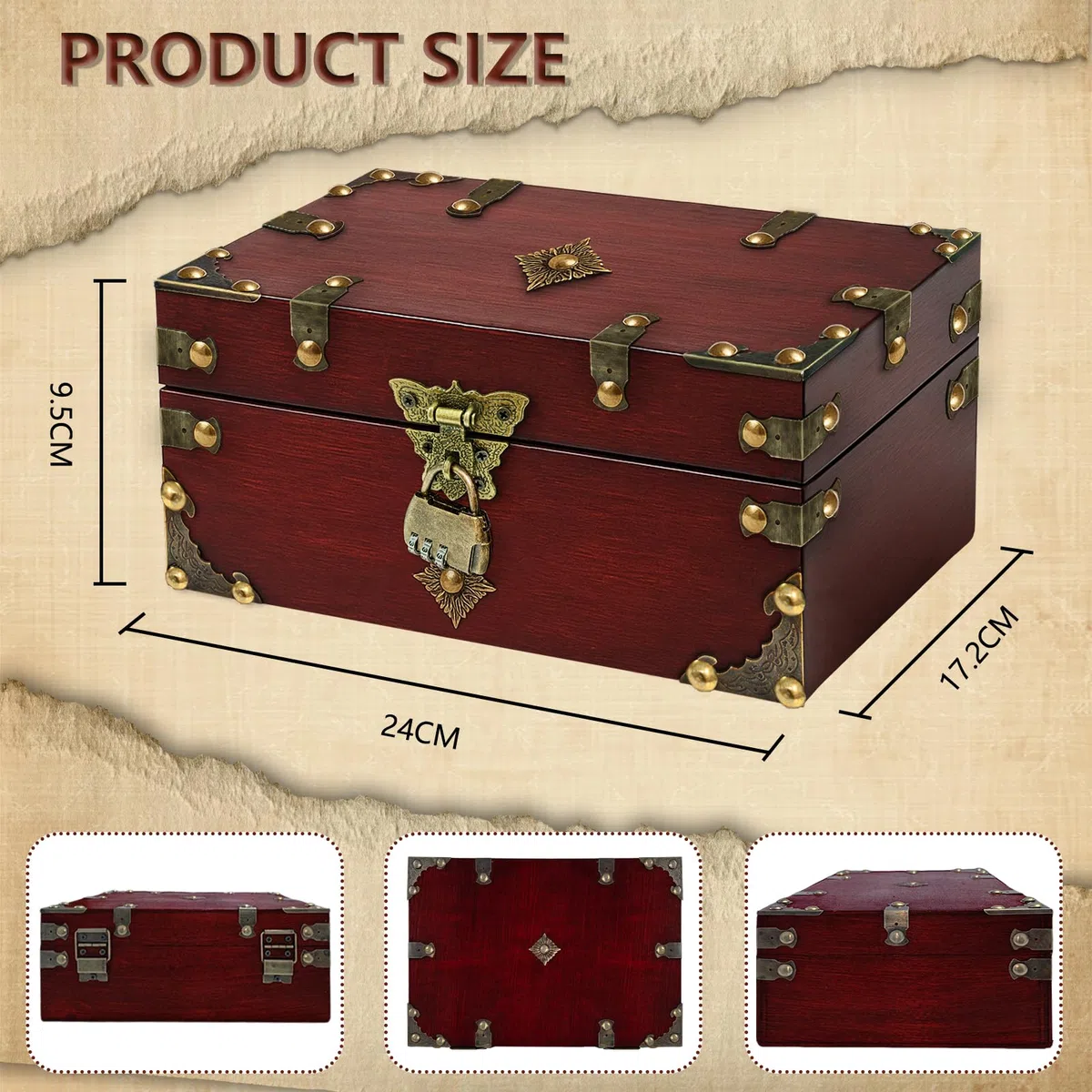 Vintage Schatztruhe Holz mit Zahlenschloss, Schmuckkästchen Aufbewahrungsbox, Schatzkiste für Dekoration, Aufbewahrung, Hochzeit und Escape Room (Rötlichbraun)