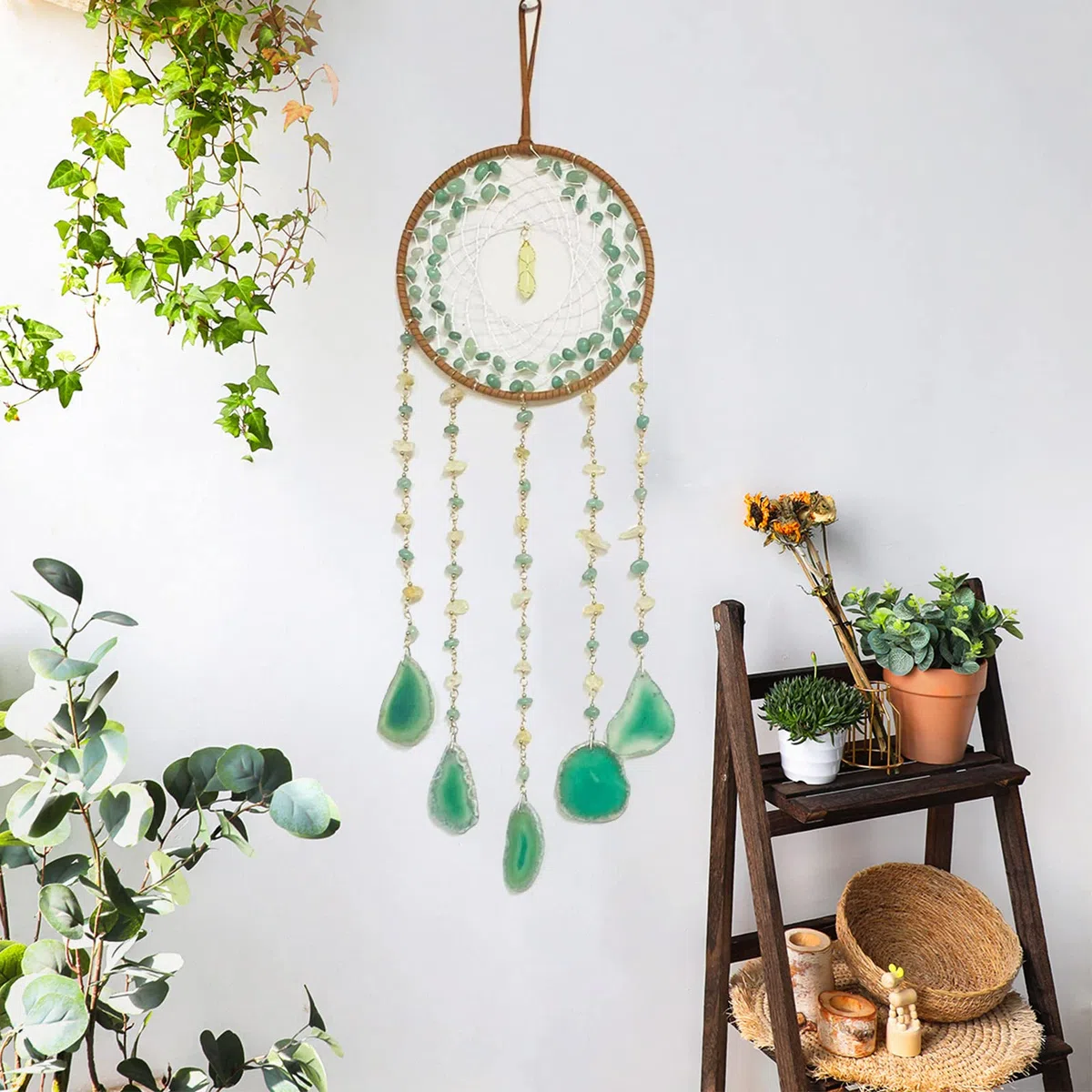 Baum des Lebens Traumfänger mit heilendem Achat, natürlicher Kristallstein, Traumfänger, Wanddekoration für Schlafzimmer, Idee zum Basteln, Geschenk für Kinder, Frauen, Freunde (türkisfarbener Achat)