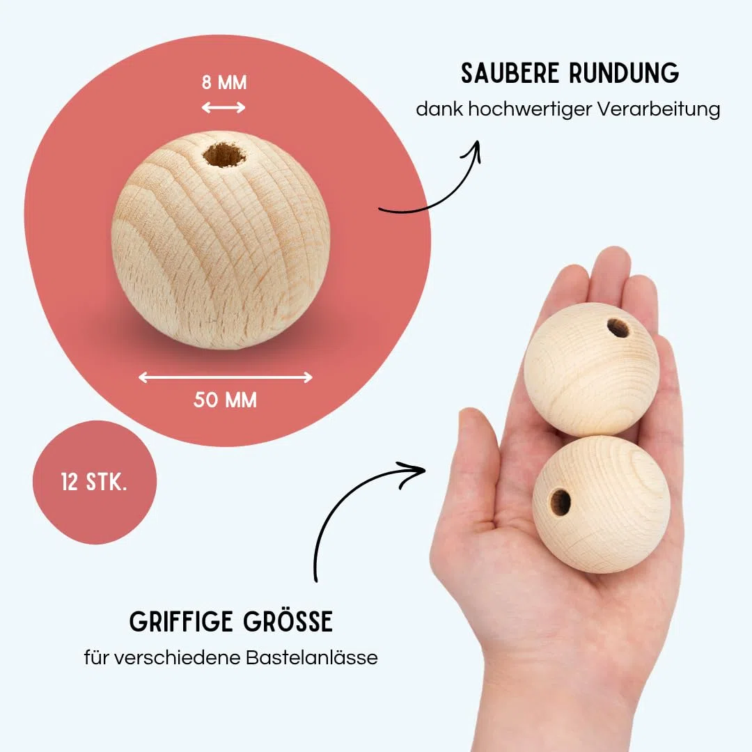 EV® Holzkugeln mit Loch - 12 Stück 50mm Durchmesser - Made in Austria - Große Holzperlen zum Auffädeln mit 8mm Bohrung, Gedrechselt aus Hochwertigem Buchenholz