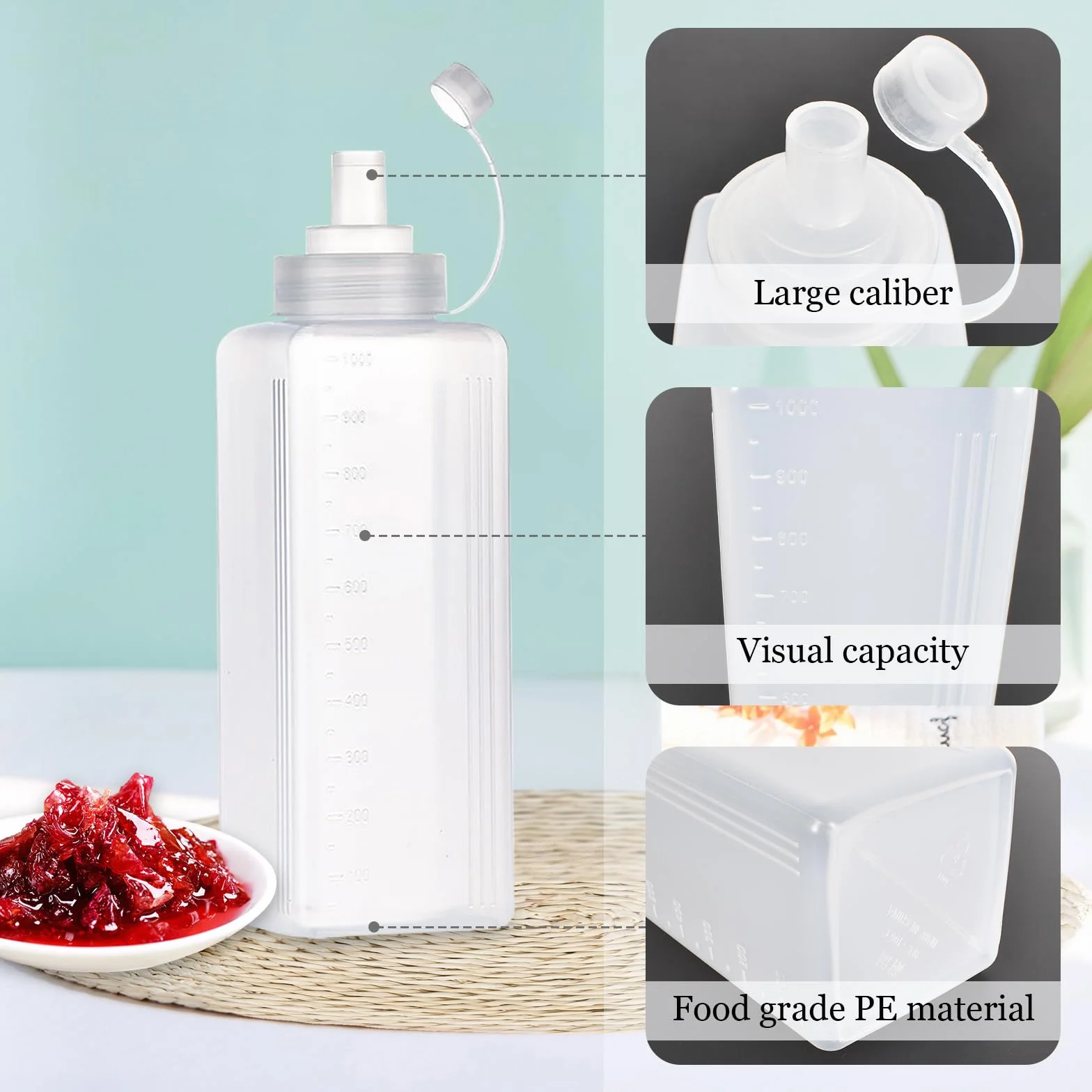 3 Stück Plastik Squeeze Flasche, Breiter Mund Quetschflasche Mit Kappen, Transparent Kein Leck Condiment Flaschen für Malen,Backen,Ketchup,scharfe Soße,Olivenöl, Saucenflasche (# 1000ML)