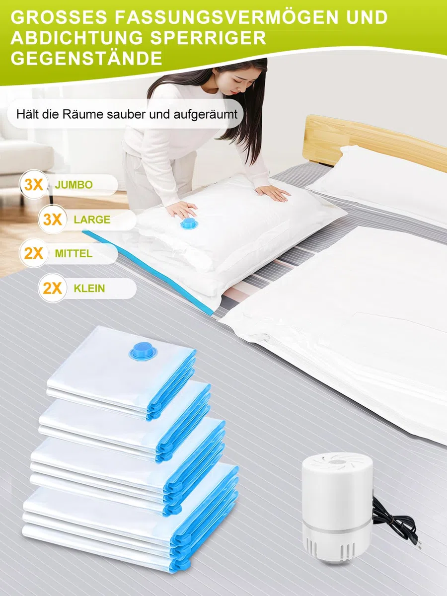 Vakuumbeutel für Kleidung mit Elektrischer Luftpumpe, PARPAT 10 Stück (3 Jumbo 100x80cm &3 Groß 80x60cm &2 x Mittel 70x50cm &2 Kleine 60x40cm), Durchsichtig für Reisen, Kissen Bettdecken Aufbewahrung