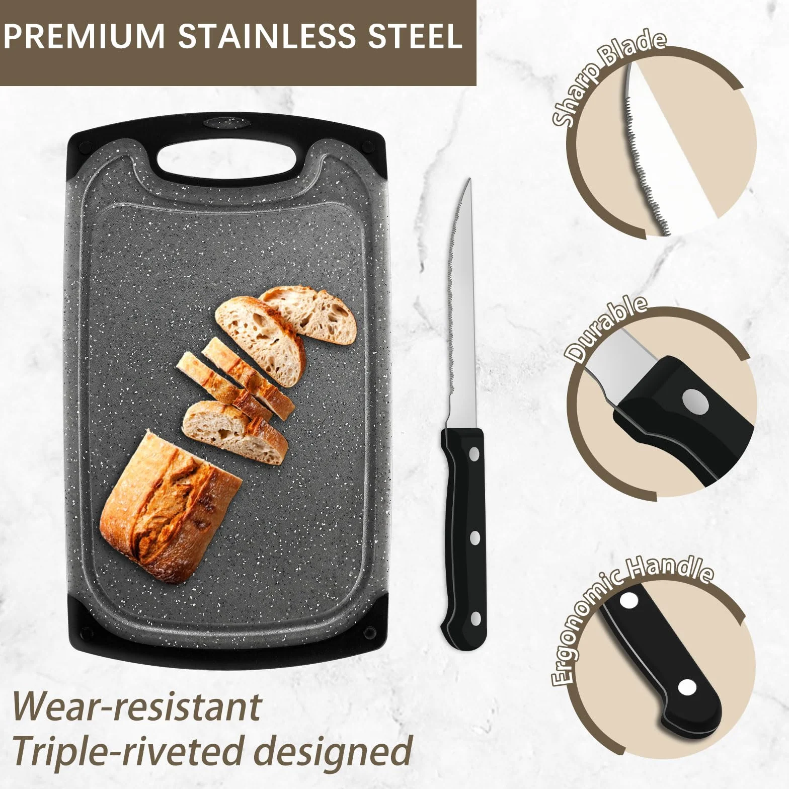 Frühstücksbrettchen 6er Set mit 6er Steakmessern, 25x15cm Kleines Dunkelgrau Frühstücksbrettchen Kunststoff Set, BPA frei, Antibakteriell, Rutschfest mit Saftrille, Spülmaschinenfestes