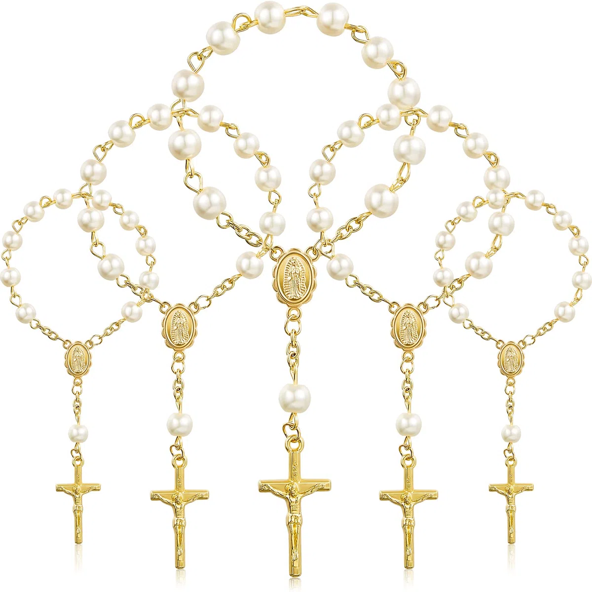 Yaomiao 30 Stück Acryl Rosenkranz Perlen Finger Rosenkränze Kunstperlen für Taufe, Kommunion, Hochzeit, Party - Elfenbein Perlen Gold Kette