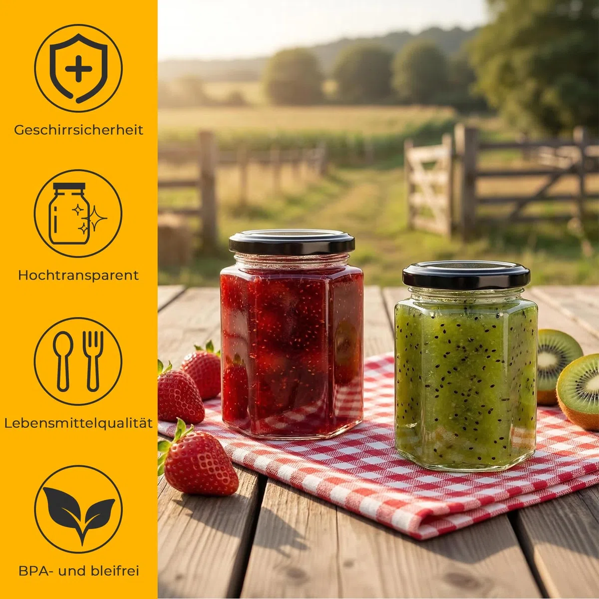 270 ml Sechseckige Gläser mit Schwarzem Deckel, 12 Pack 9 oz luftdicht Einmachgläser, Lebensmittel Lagerung Gläser für Gewürz, Marmelade, Honig, Joghurt, mit 40 Aufkleber,1 Stift