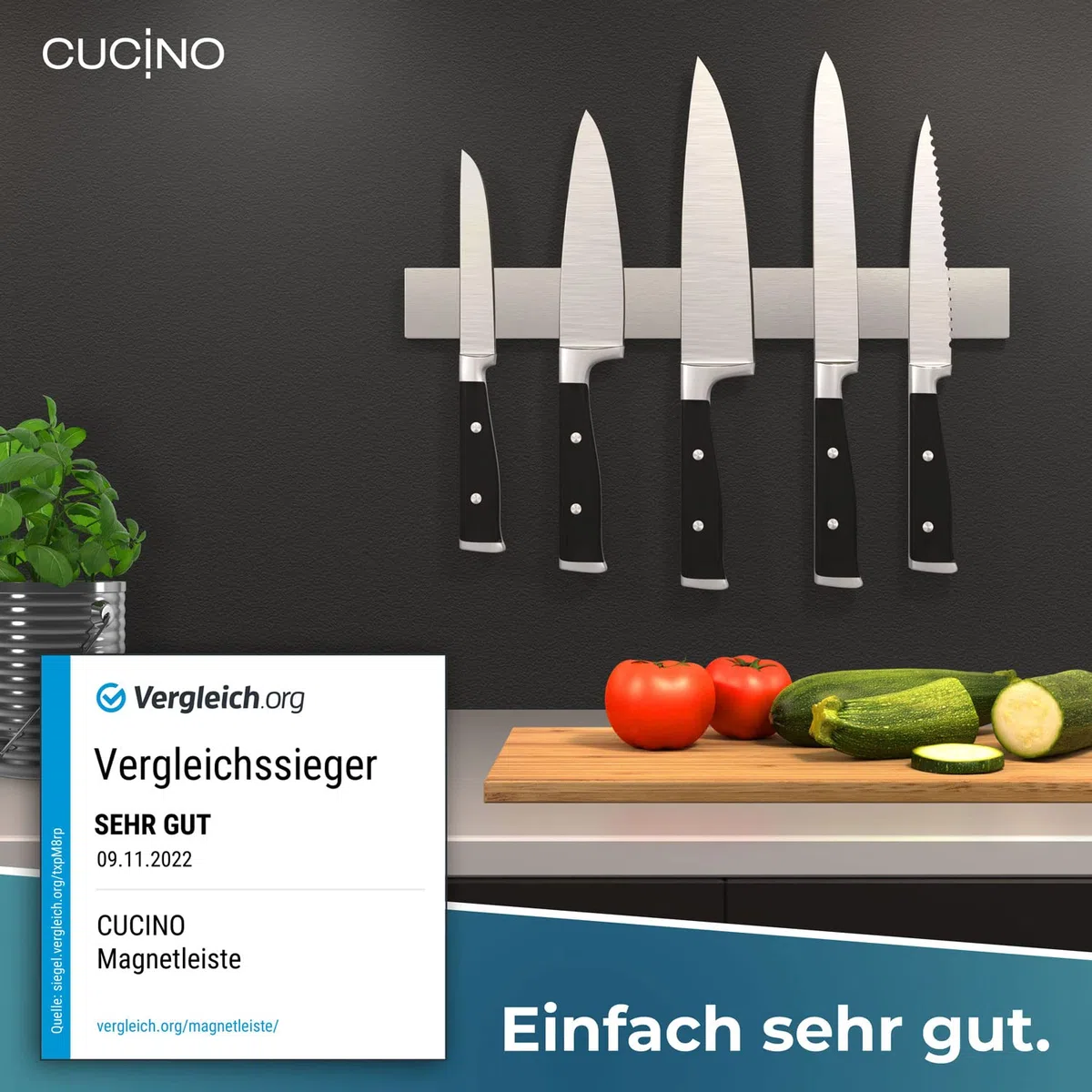 Messer Magnetleiste selbstklebend - Vergleichssieger mit extra starkem Magnet - Einfache Montage mit 3M Klebeband ohne Bohren, aus Premium-Edelstahl - 40cm