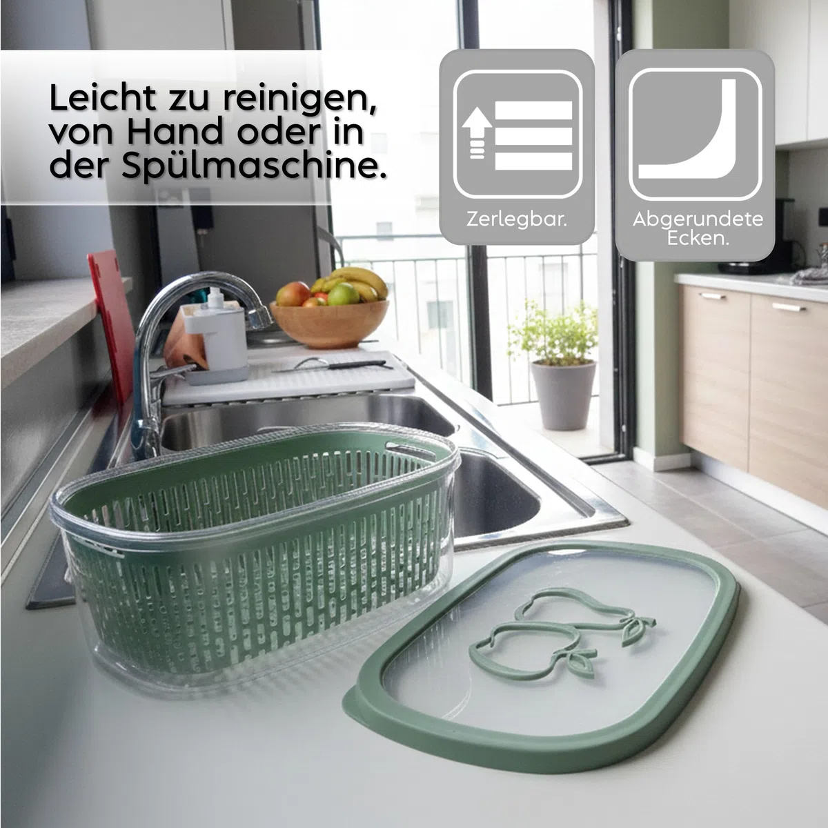 Snips Aroma Keeper Frischhaltedose 4 L mit Abtropfkorb, Vorratsdose für Obst und Gemüse, Lebensmittelbehälter für Kühlschrank und Gefrierschrank, spülmaschinengeeignet, Grün, Made in Italy