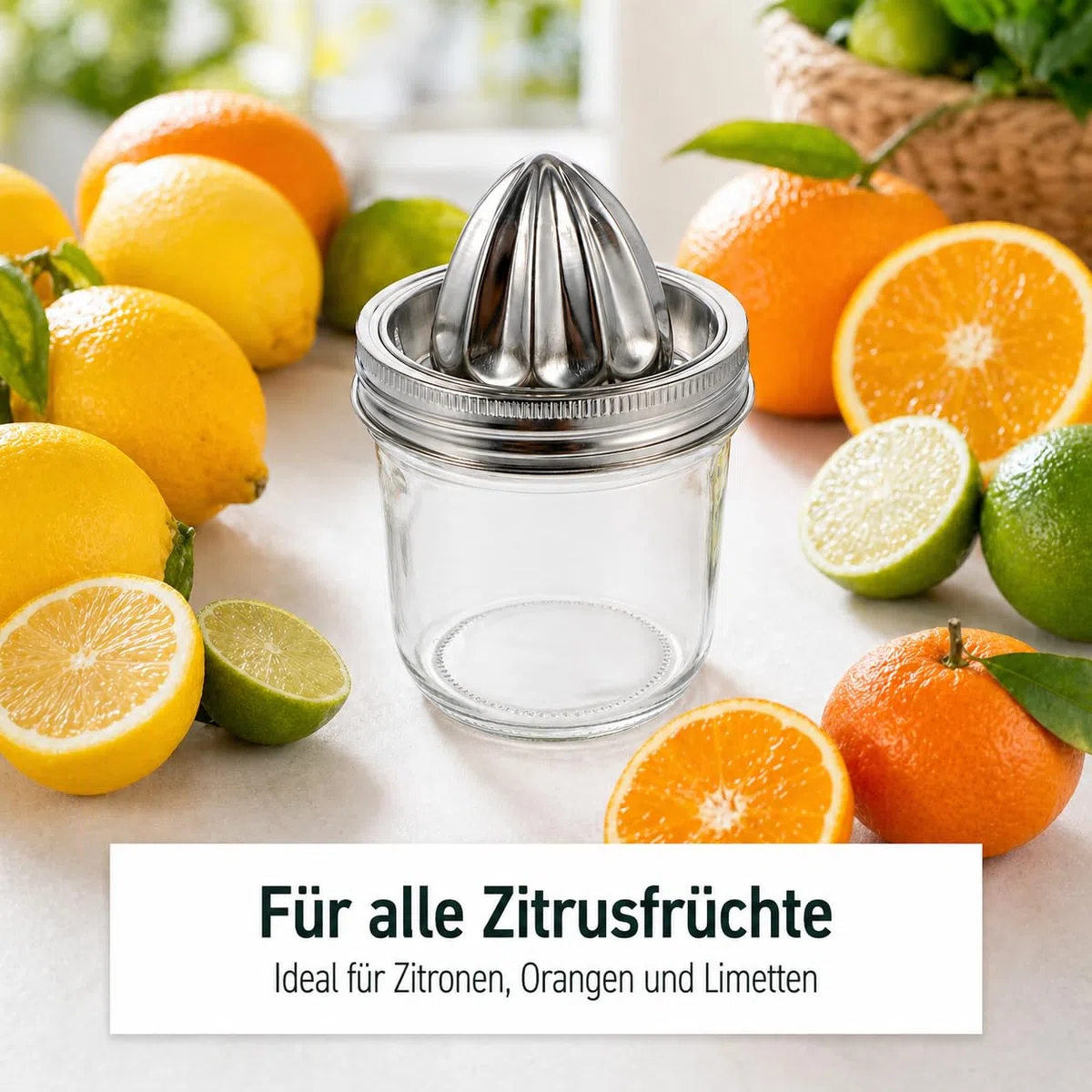 Zitronenpresse Edelstahl Handpresse Für Küche, Orangenpresse mit Auffangbehälter, Manuelle Saftpresse Für Zitronen, Orangen, Limetten, 280ml, Einmachglas, Leicht Zu Reinigen Und Lagern