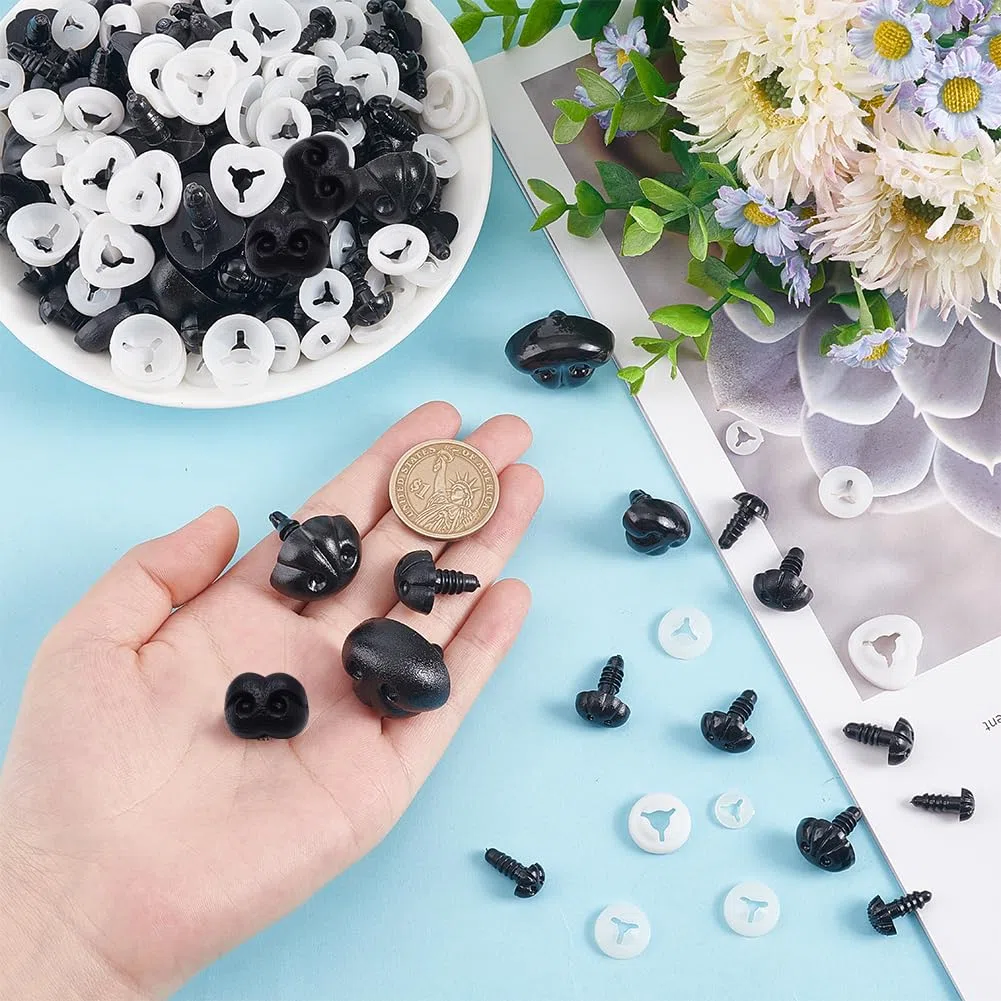 PH PandaHall 120 Stück Schwarze Kunststoffnasen, 15 Größen Sicherheitsnasen mit Abstandhalter Teddybär Nasen zum Basteln Häkeln und Basteln mit Kuscheltieren, Stift: 4.5mm~6.5mm