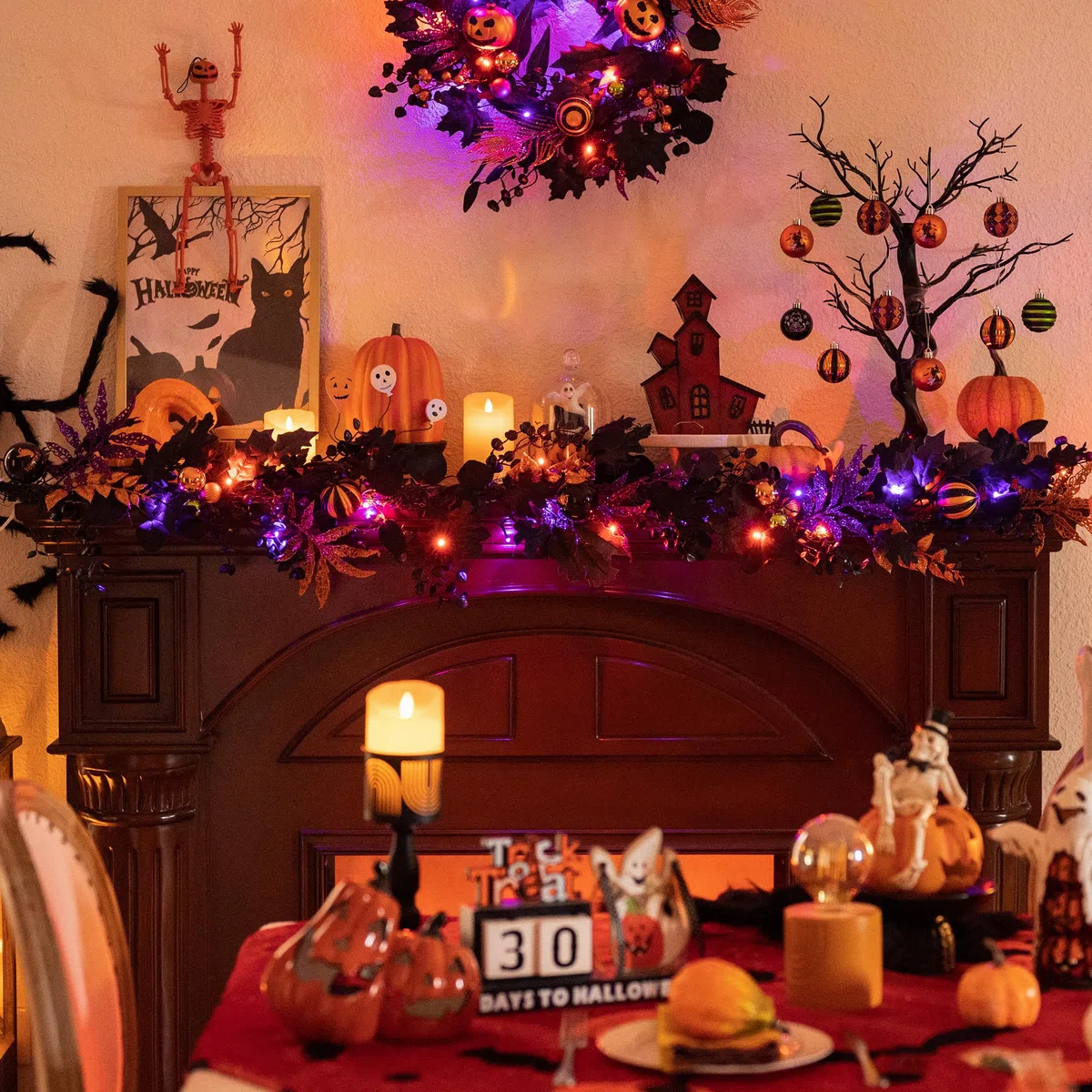 Valery Madelyn Halloween Deko, 150cm Halloween Girlande mit Freche Leckerbissen und bruchsichere Kugeln Ornamente mit Led Licht und Timer für Haustür, Wanddeko, Party