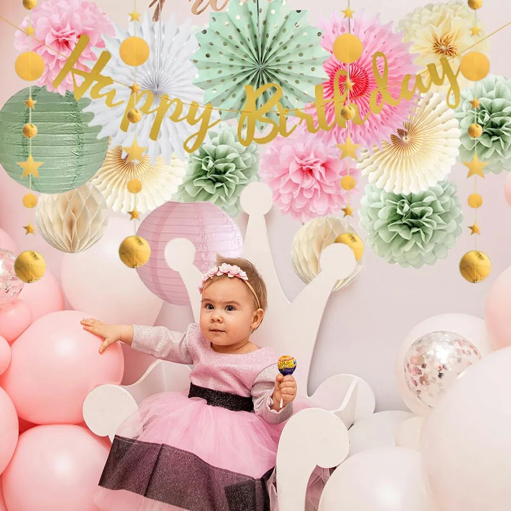 Geburtstagdeko Frauen Grün Rosa Geburtstag Deko Happy Birthday Girlande Rosa Salbeigrün Seidenpapier Pompoms Papierfächer für Neutral Dekoration