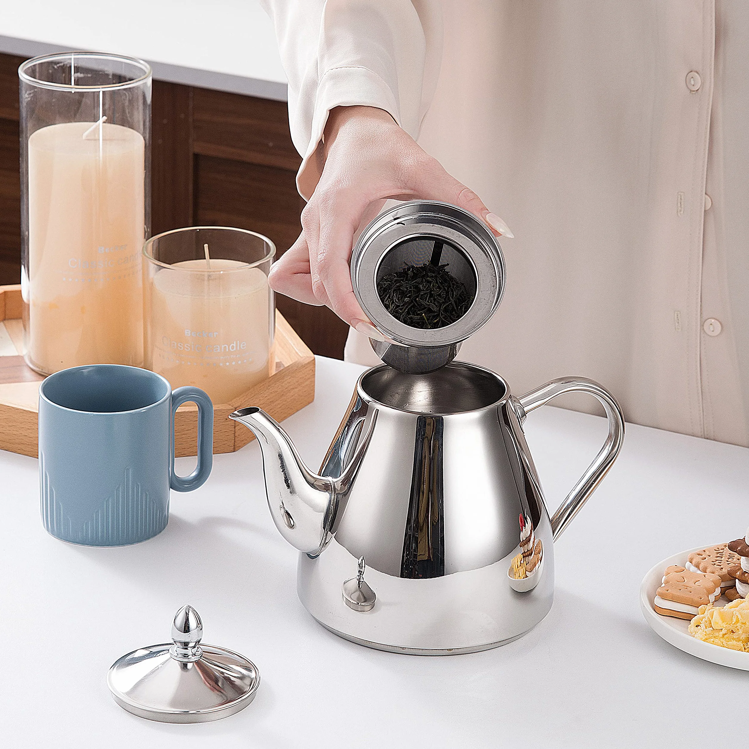 SANQIAHOME Edelstahl-Teekanne mit Siebeinsatz,Teekannen,2.0L