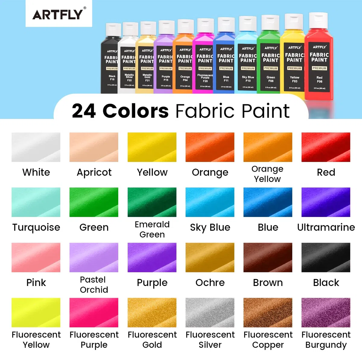ARTFLY Textilfarben Waschmaschinenfest 24x60ml Set, Waschfest Stoffmalfarben inkl. Gold & Silber, Textil farbe für kleidung, Schuhe, Jeans & Stoffe, Zum Malen auf dunklen und hellen Stoffen