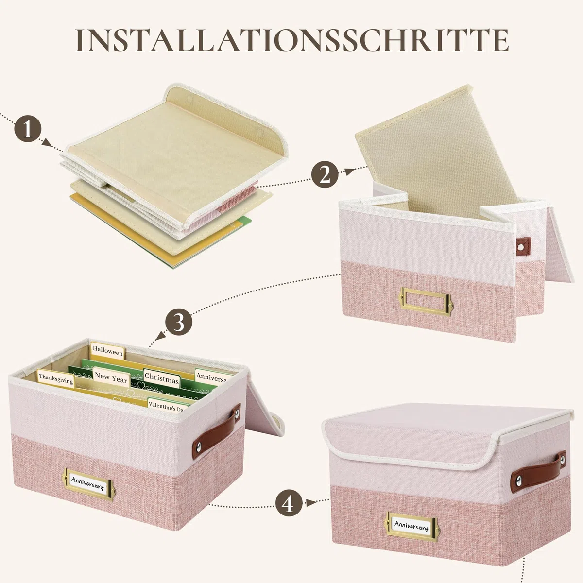 Vienrose Grußkarten Aufbewahrungsbox, Faltbare Veranstalter mit 20 Trennwänden 84 selbstklebenden Etiketten, Kartenbox für Grußkarten, Fotos, Briefumschläge, Aufkleber, Postkarten, Hellrosa & Lotus