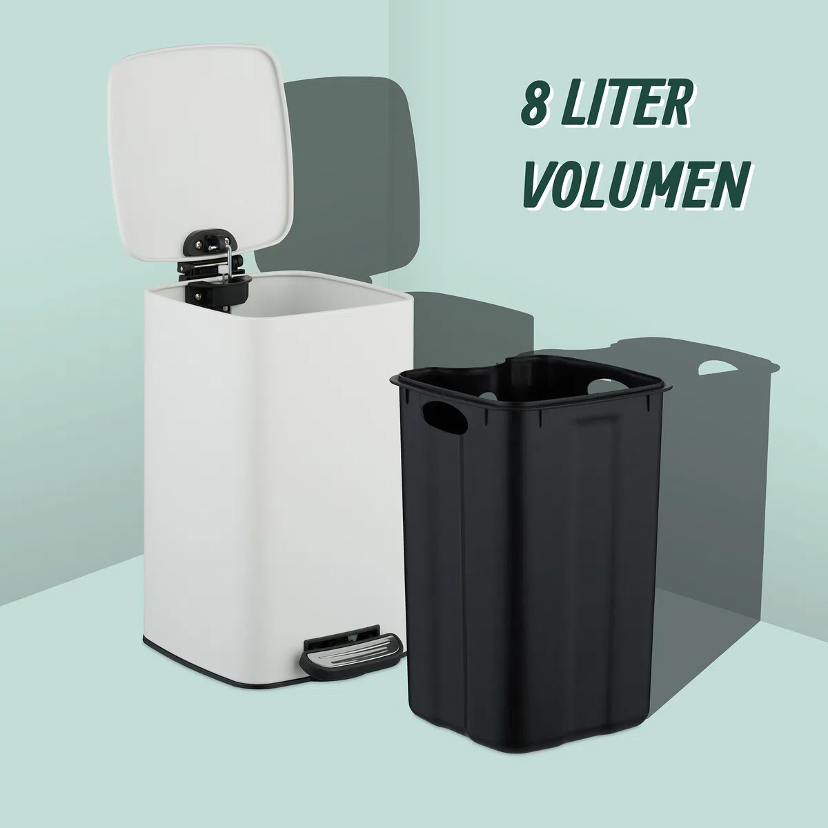 Relaxdays Kosmetikeimer, 8 L, Absenkautomatik, entnehmbarer Inneneimer, Metall, Bad Mülleimer, inkl. Müllbeutel, weiß