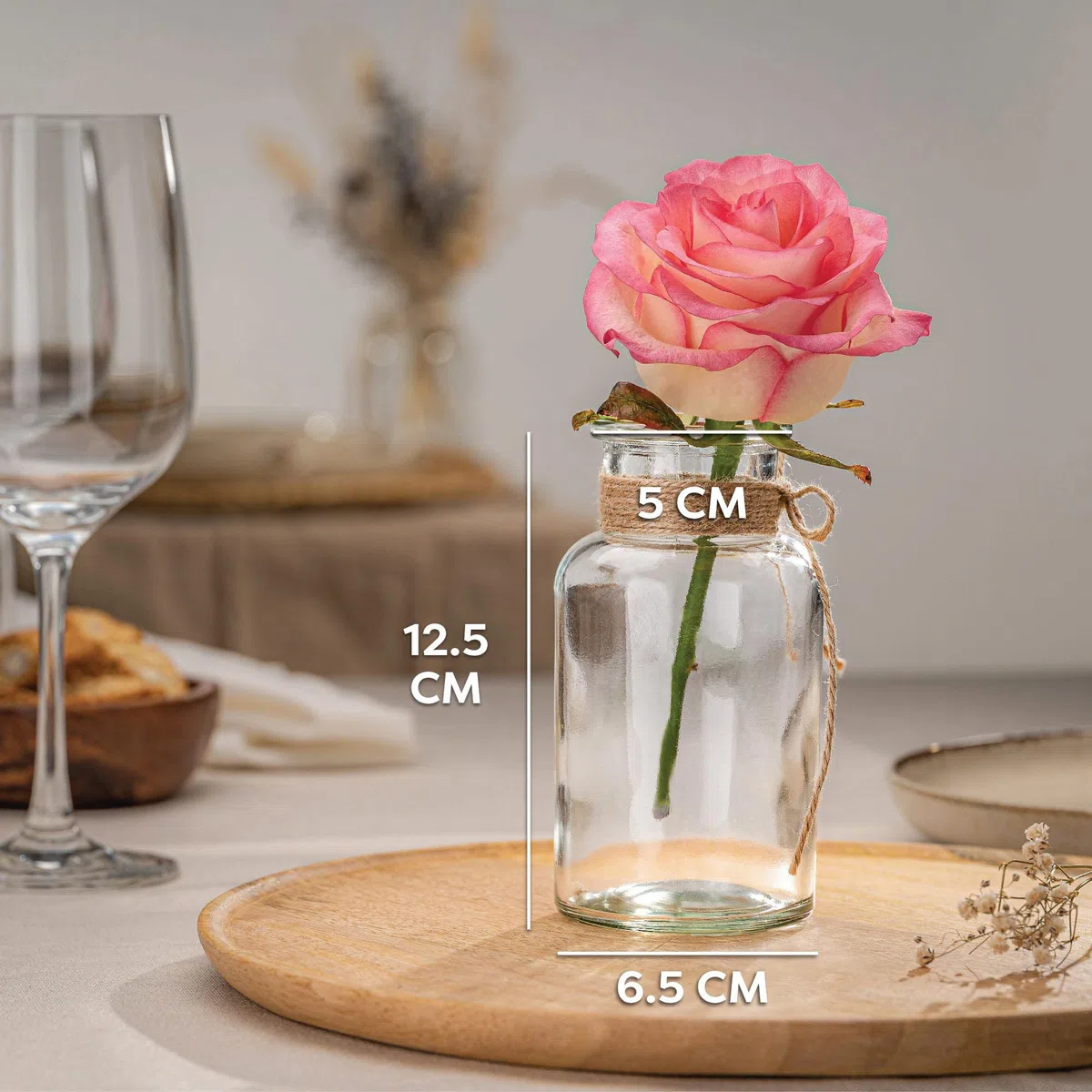 Praknu 12 Kleine Glasvasen - 12,5 cm hoch - Inklusive Juteschnur - Vintage Design - Traumhafte Deko für Hochzeit - Spülmaschinenfest Mini-Vasen für Tischdeko – Kleine Vasen für Tischdekoration