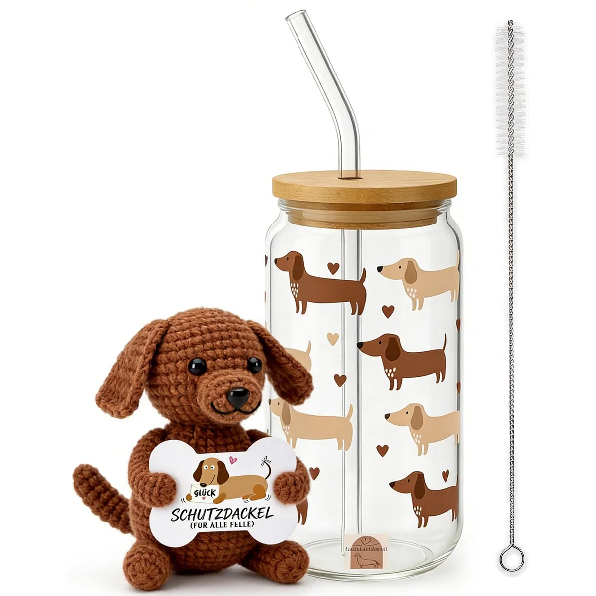Sunwuun Glas mit Deckel und Strohhalm,Positive Geschenke Dackel Glücksbringer Set,Geschenk Kollegin Geburtstag,Gläser mit Holzdeckel,Pocket Hug für Freundin,Mama,Partner,Schwester (Braun)
