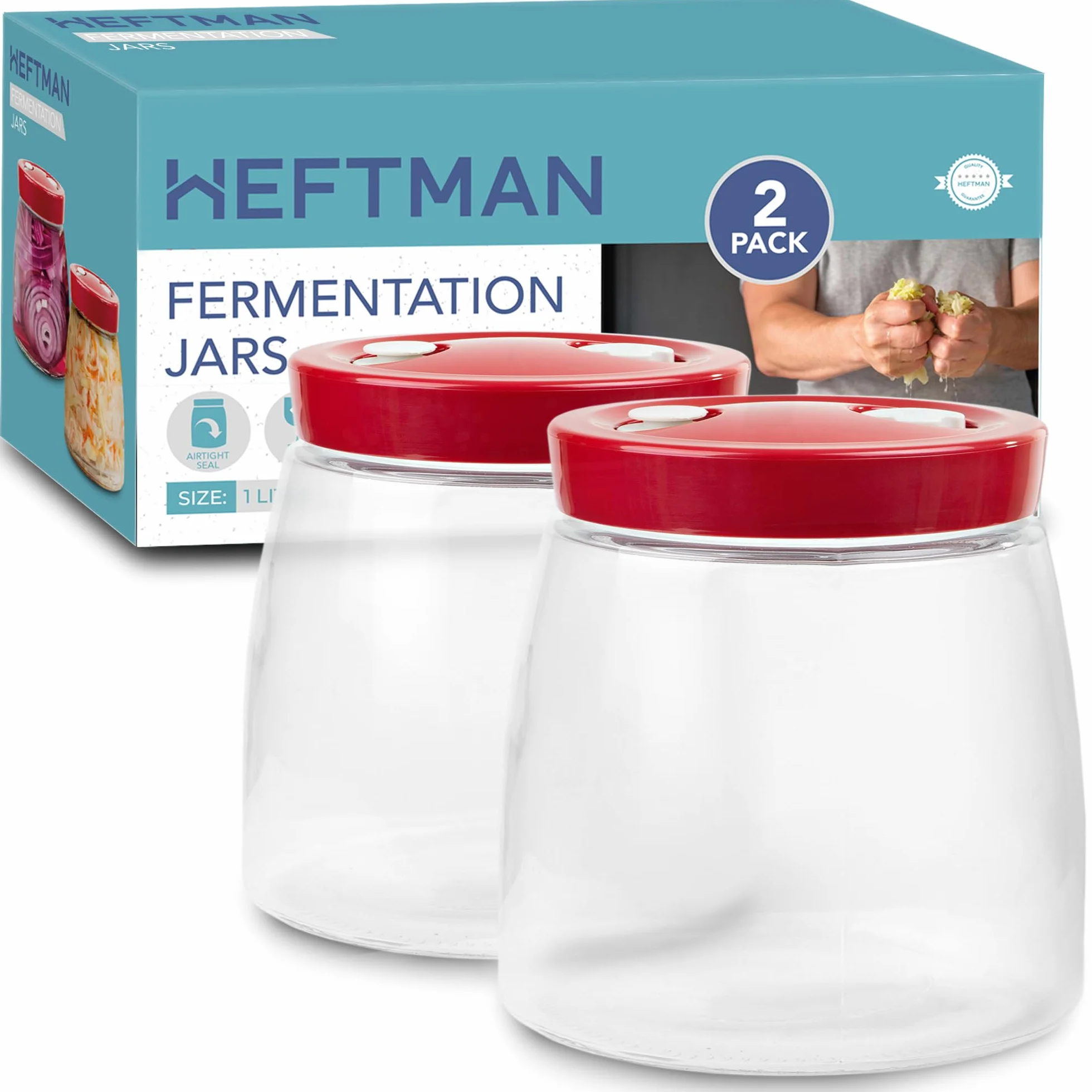 HEFTMAN Gärglas mit 1-Wege-Luftablassöffnung - 1 Liter 2er-Pack Lebensmittelecht Fermentierglas für Kefir, Kimchi, Sauerkraut, Sauerteigstarter, Overnight Oats - Gärgläser 2 Stück (Rot)