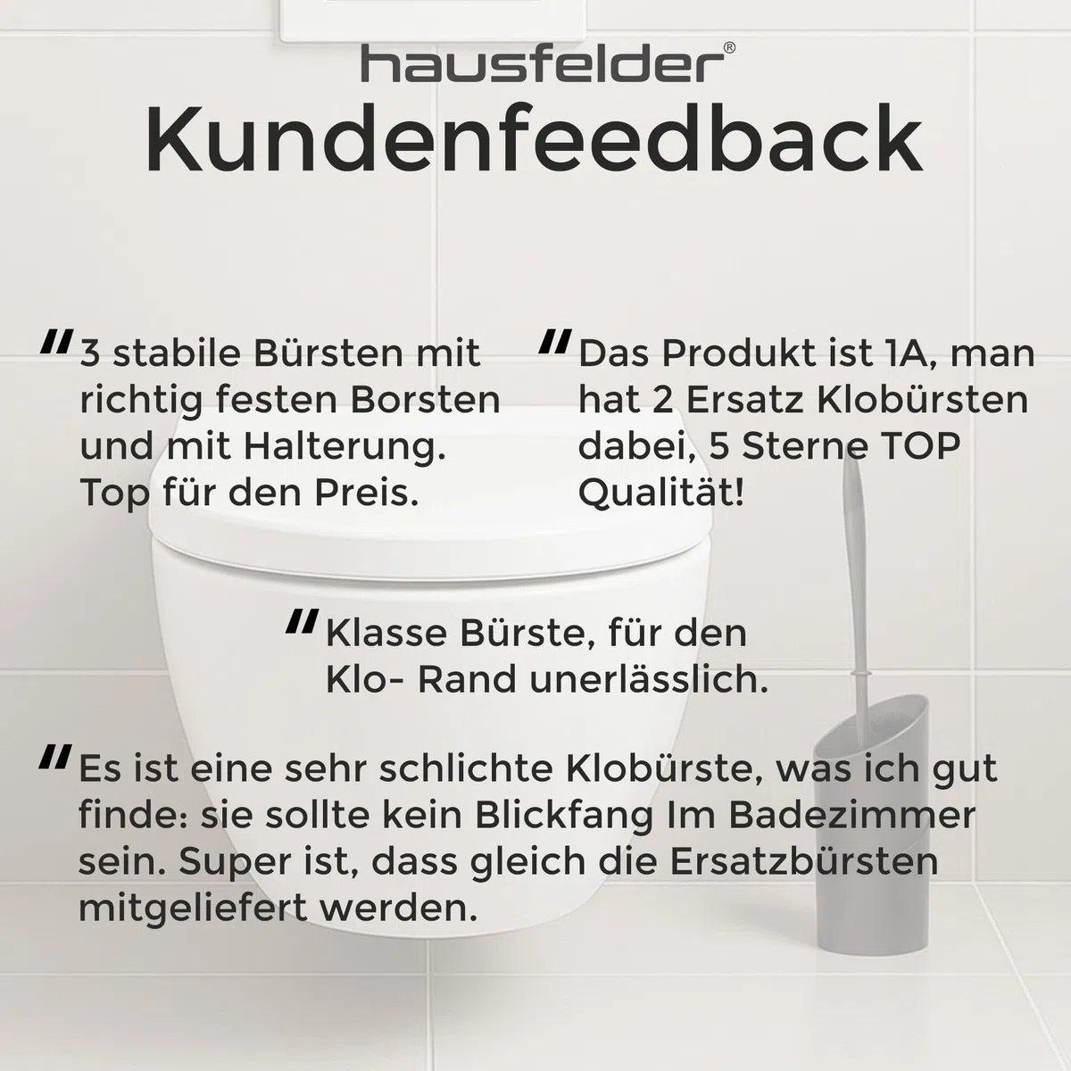 Hausfelder Klobürste, 4er Set, Schwarz | Klobesen Set mit Behälter, Halter & 2 Ersatzbürsten, schwarze Klobürsten / Toilettenbürste / WC Bürste mit Randreiniger