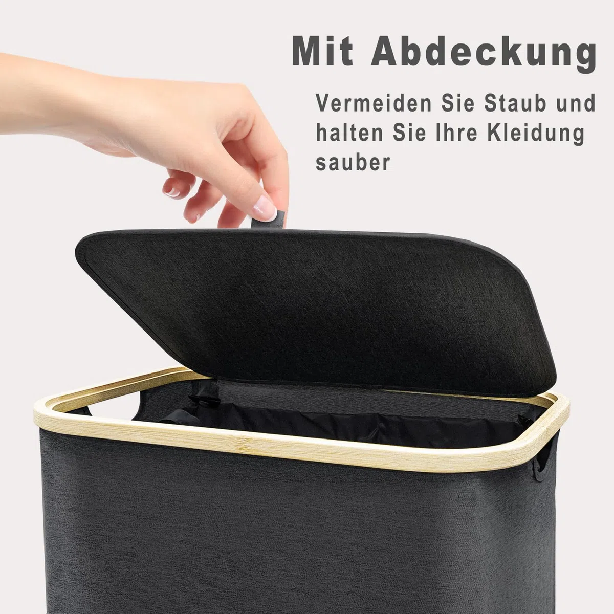 Schmaler Wäschekorb mit Deckel 100L, Bambusdeckel & herausnehmbarer Wäschesack, hoher Wäschesammler in Schwarz, platzsparende Wäschetruhe für Wohnzimmer, Waschküche, Schlafzimmer & kleines Bad