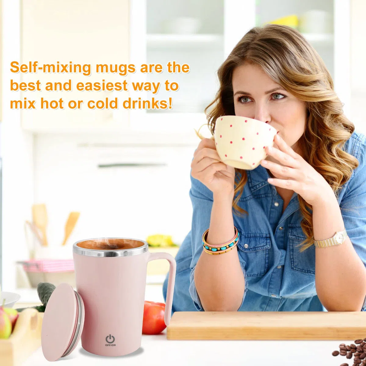 Elektrische selbsttreuende Becher 1200mAh wiederaufladbare automatische Mischung Becher Edelstahl Magnetische Rührtasse wiederverwendbar(Rosa)