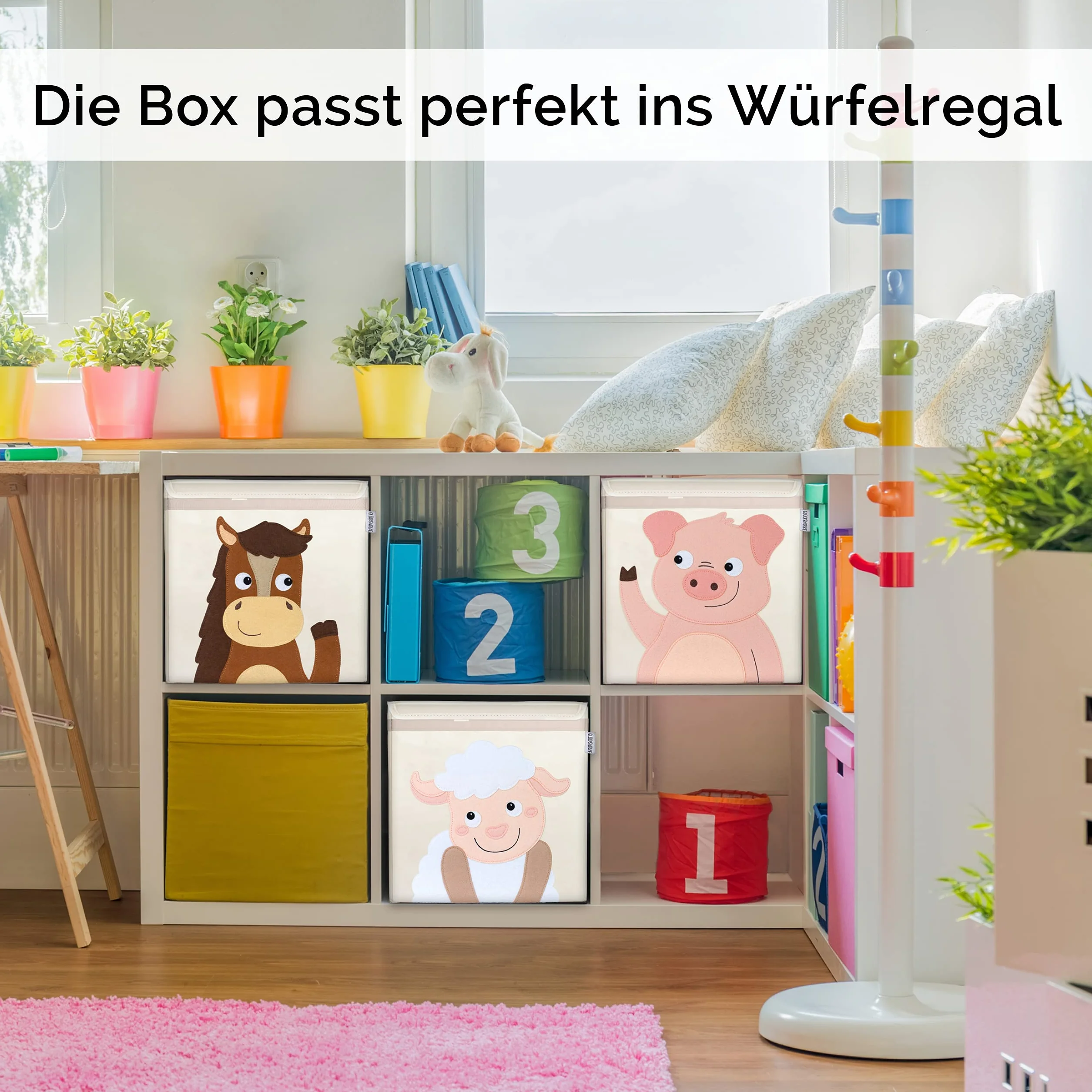 GLÜCKSWOLKE Kinder Aufbewahrungsboxen - 15 Motive I Spielzeugkiste Kinderzimmer I Spielzeug Boxen & Kisten (33x33x33) zur Aufbewahrung im Kallax Regal I Bauernhof-Tiere Schaf