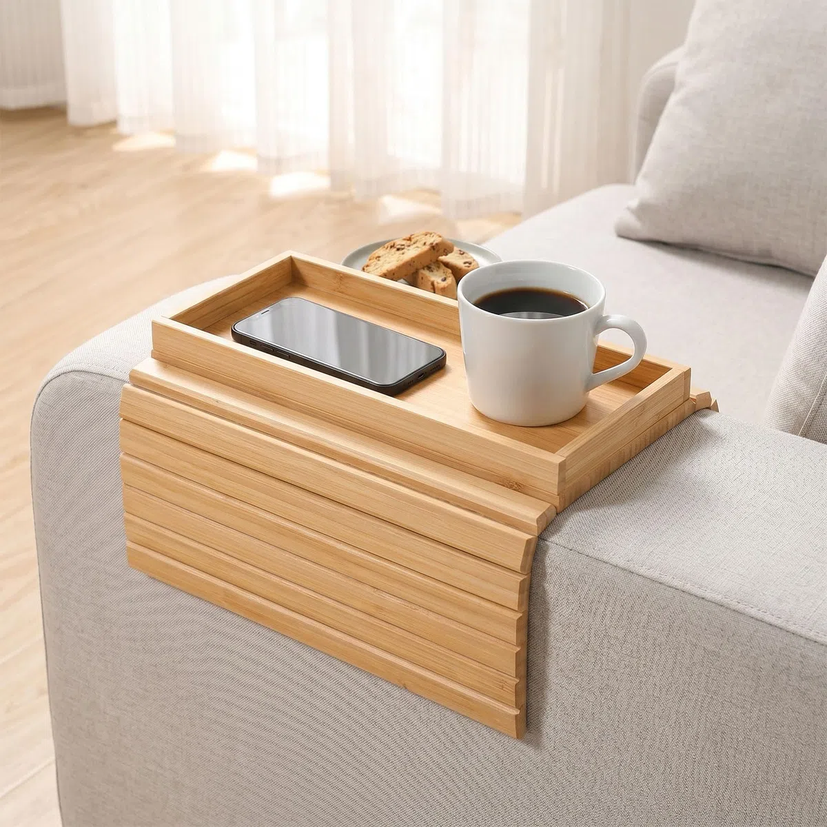 Sofatablett Armlehne aus Holz, Couch Tablett zum Einhängen, Sofaablage für Snacks, Getränke und Fernbedienung, Armlehnen Tablett Platzsparender Home Organizer für Sofa und Sessel