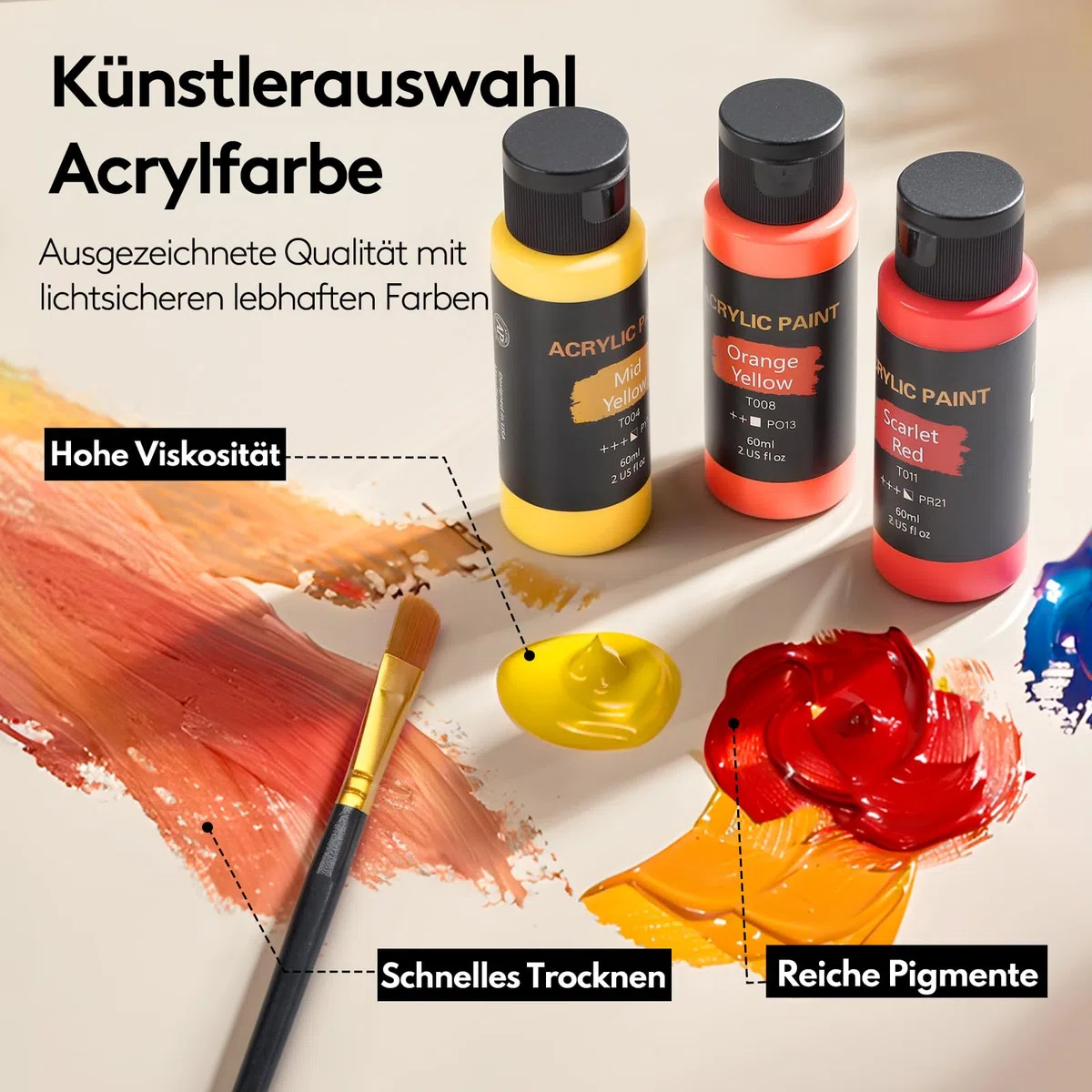 TMOL Acrylfarben Set, 24 Farben x60 ml +12 Pinsel, Acrylic Paint Set, Künstlerbedarf für Leinwand, Holz, Keramik, Stoffe, ungiftige Pigmente Acrylfarbe für Anfänger, Studenten, Profis, Künstler