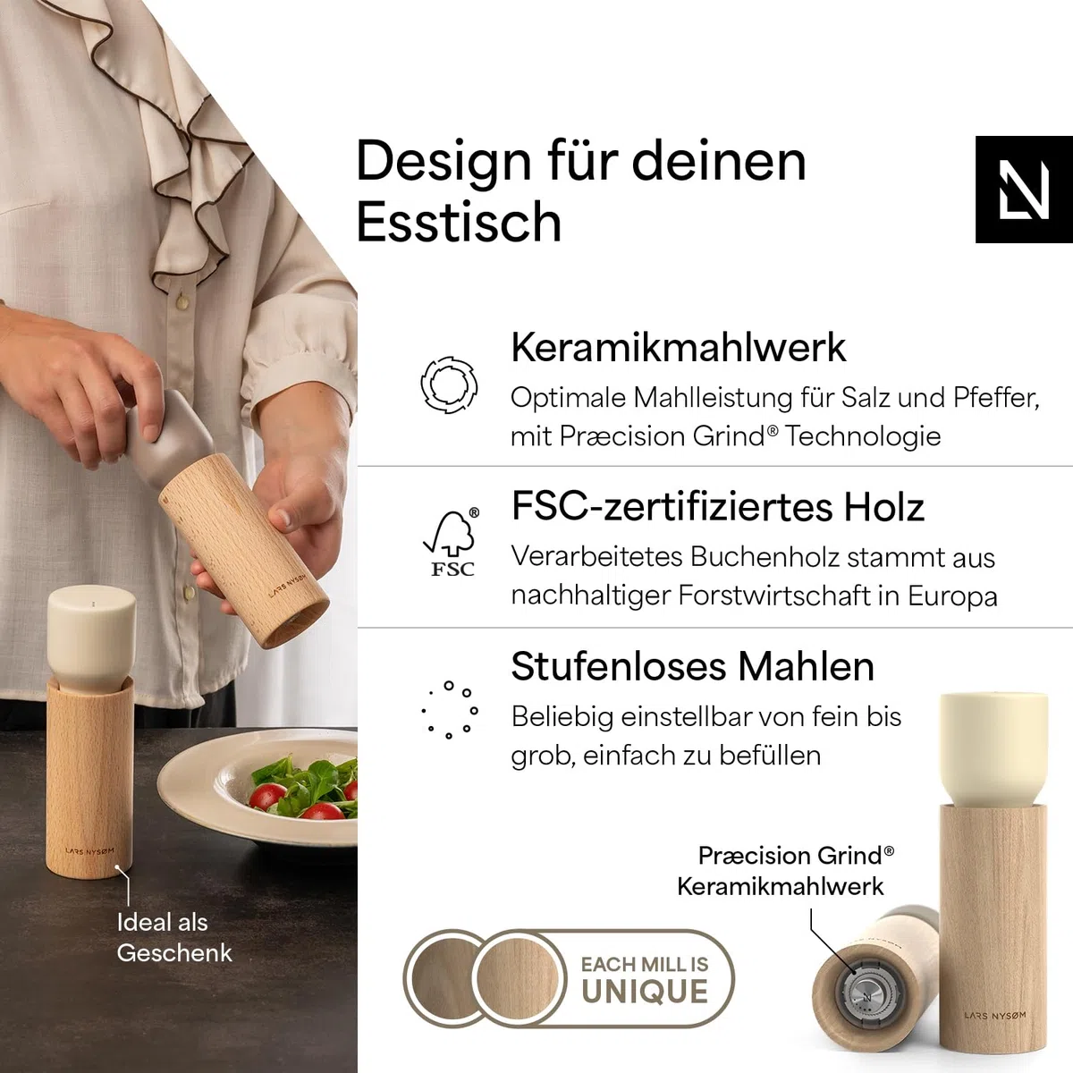 LARS NYSØM Salz und Pfeffermühle Holz Set - Manuelle Holzmühlen mit Keramikmahlwerk und Untersetzer - Große Pfeffermühle & Salzmühle für Grobes Salz - Gewürzmühle für Küche oder Tisch