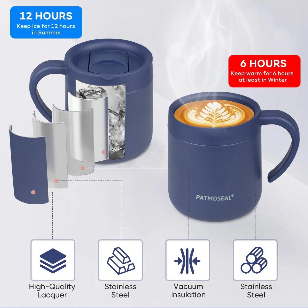 Pour Over Kaffeemaschine mit papierlosem Filter, vakuumisolierter Becher mit spritzwassergeschütztem Deckel und Griff, 2-in-1 für Büro, Zuhause, Reisen, Camping, 350 ml (Marineblau)
