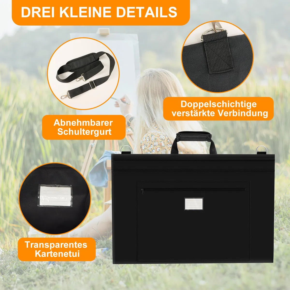 54 x 66cm-Aufbewahrungstasche für Zeichenbrett mit Griff,Transporttasche für Zeichenplatte, Schwarze Kunsttasche für Künstlerbedarf, Bücher und Ordner, mit Schultergurt- Schwarz