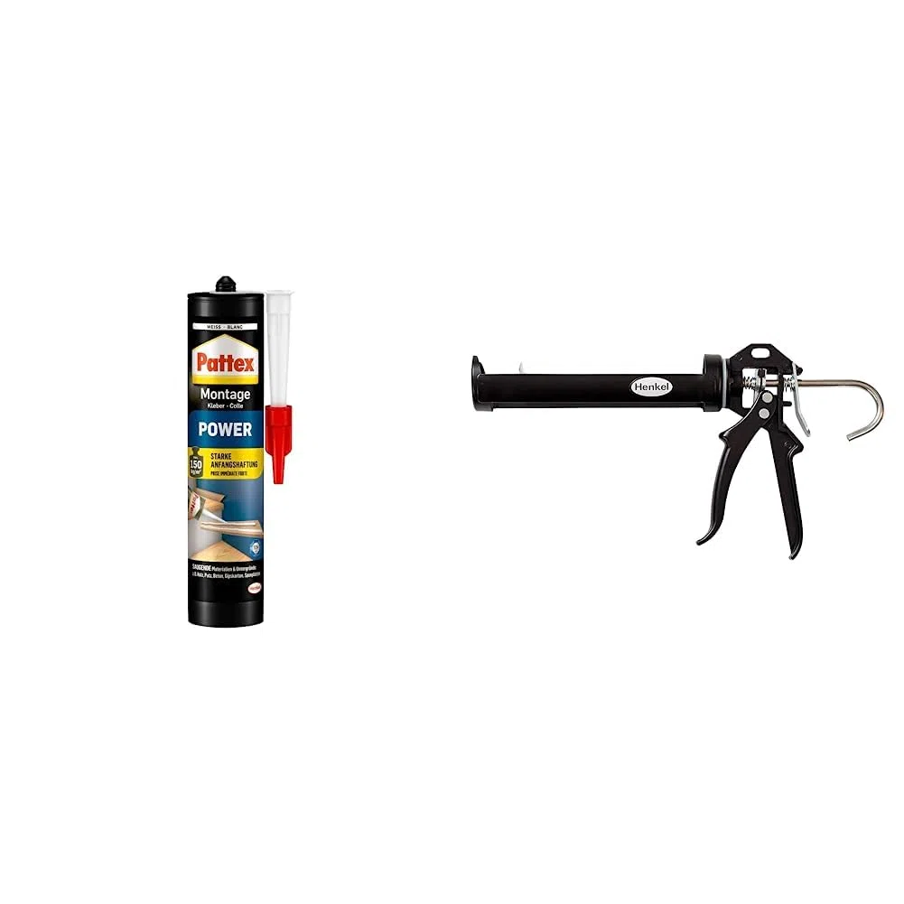 Pattex Montagekleber Power & Pattex Profi Metall Kartuschenpistole, aus Metall für Dicht- & Klebstoff-Kartuschen, Kartuschenpresse mit automatischem Nachlauf- und Schnellstopp, 1 Pistole
