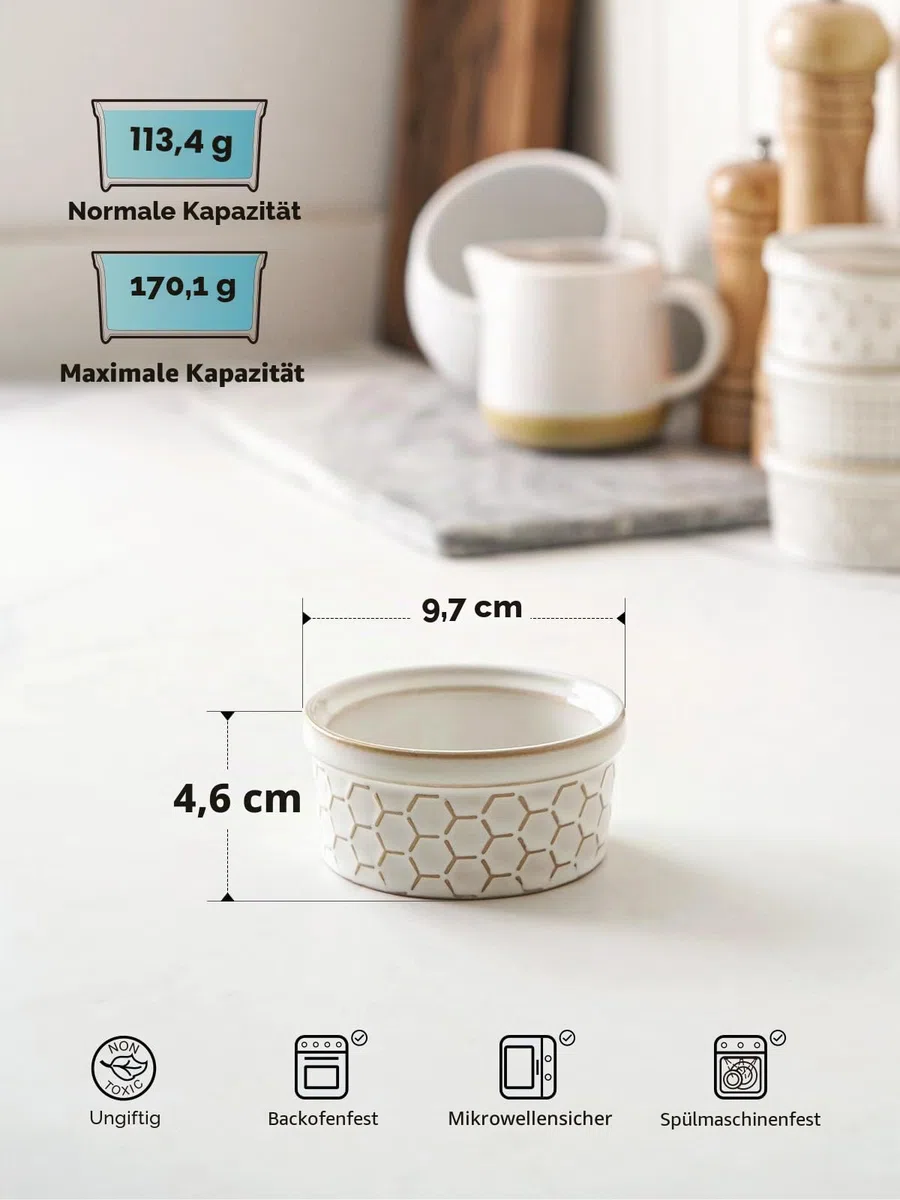 LE TAUCI Creme Brulee Schälchen Set 113 ml x 4, Souffle Förmchen, Ofenfest, Auflaufförmchen für Lavakuchen, Pudding, Topfkuchen - 9,7 cm, Arktisweiß