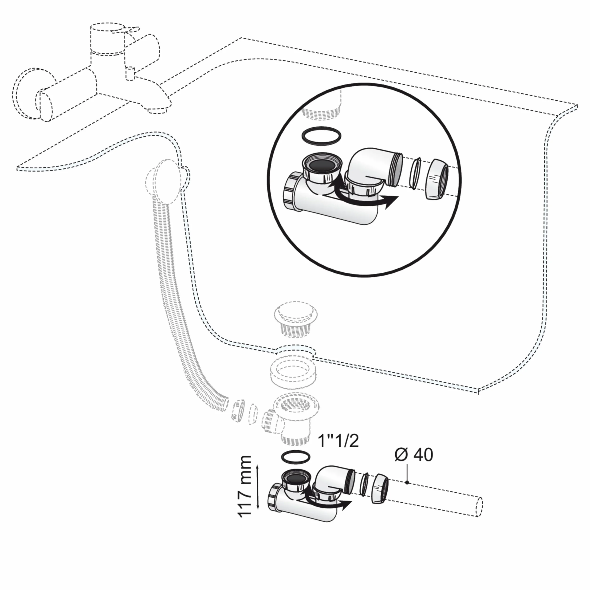 Wirquin SP602 Siphon-Badewanne Ausgang, schwenkbar