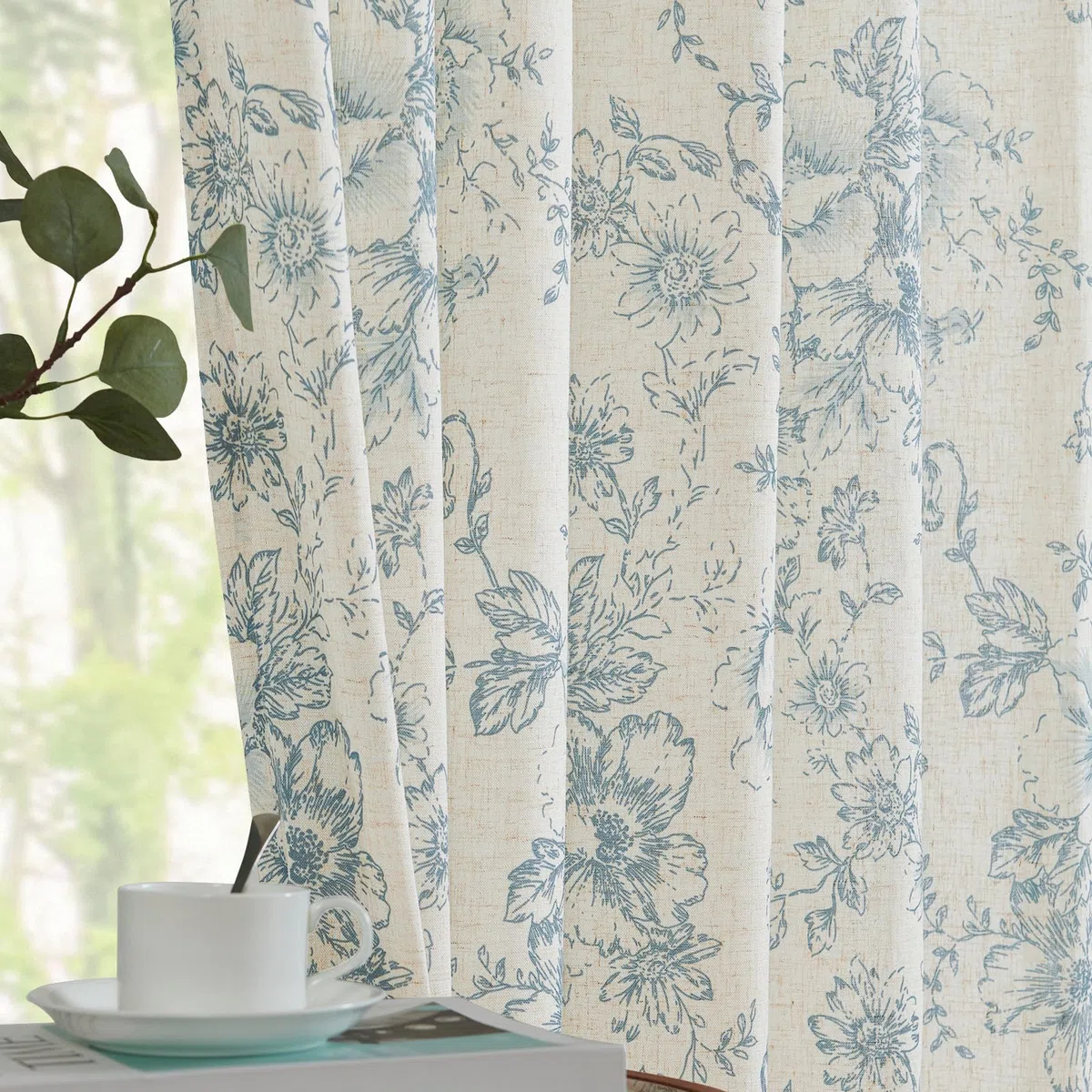 TOPICK Leinen Gardinen Floral Vorhänge mit verdeckten Schlaufen Lichtdurchlässig Bauernhaus Lang Gardinen Fensterschal für Wohnzimmer Schlafzimmer Fenster,2er Set 140 B x 175 H (cm),Blau auf Beige