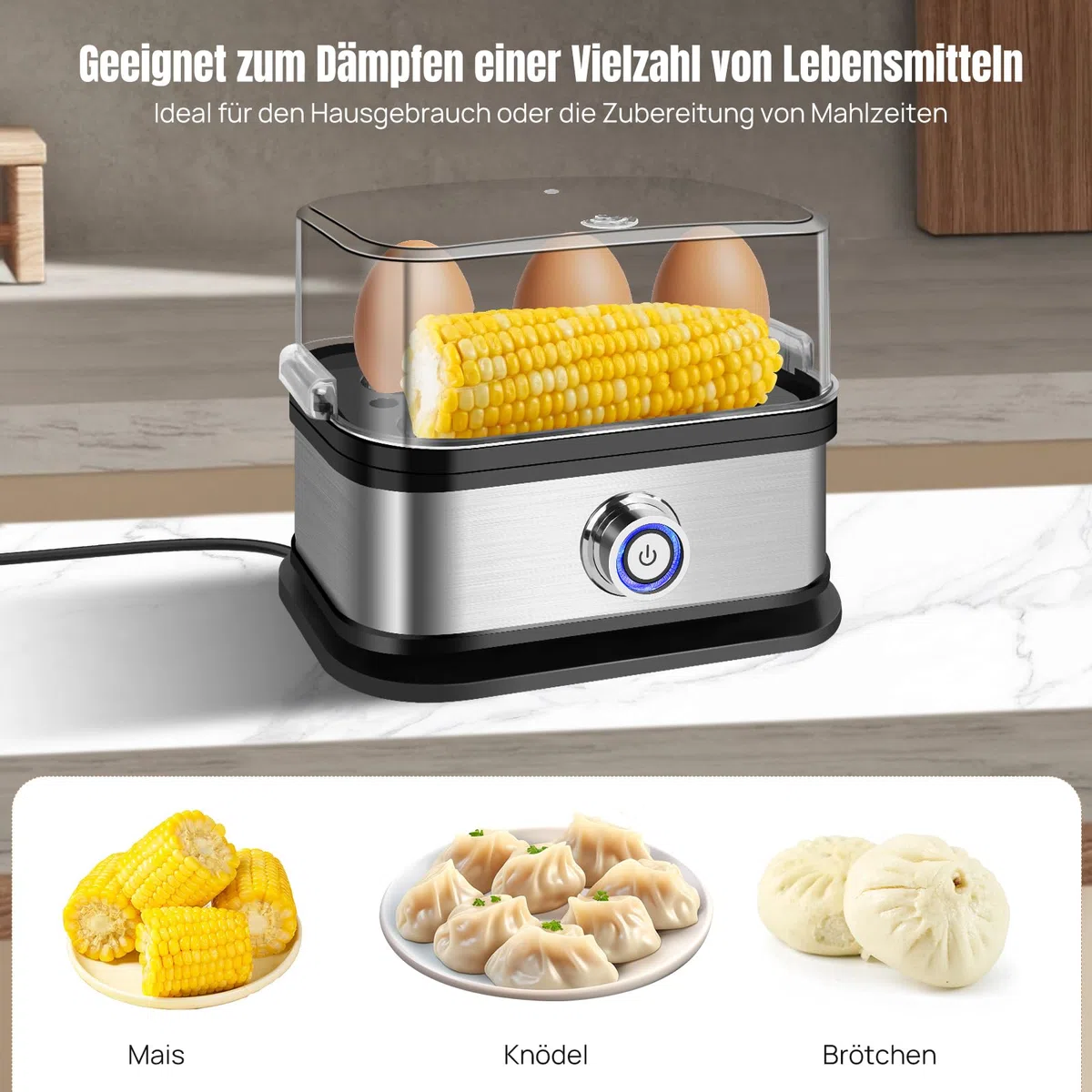 Eierkocher Edelstahl, 6 Eier Kapazität, für weich, mittel und hart gekocht, mit automatischer Abschaltung, herausnehmbarem Tablett, mit Wasserbecher, platzsparender Eierkocher für zu Hause, Küche