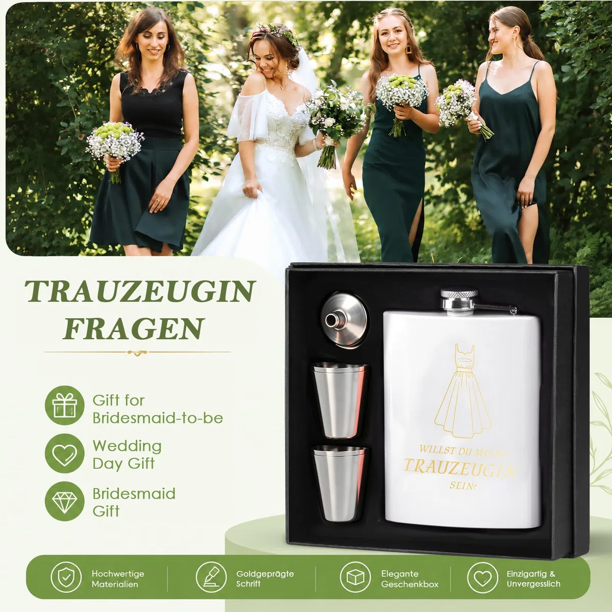 8 Stück Trauzeugin Fragen Flachmann Willst Du Meine Trauzeugin Sein Mit Karte 8oz Flachmann Mit Gravur Weiß 4 Becher Trichter In Schwarzer Geschenkbox Geschenk Edelstahl Schnapsgläser für Hochzeit JGA