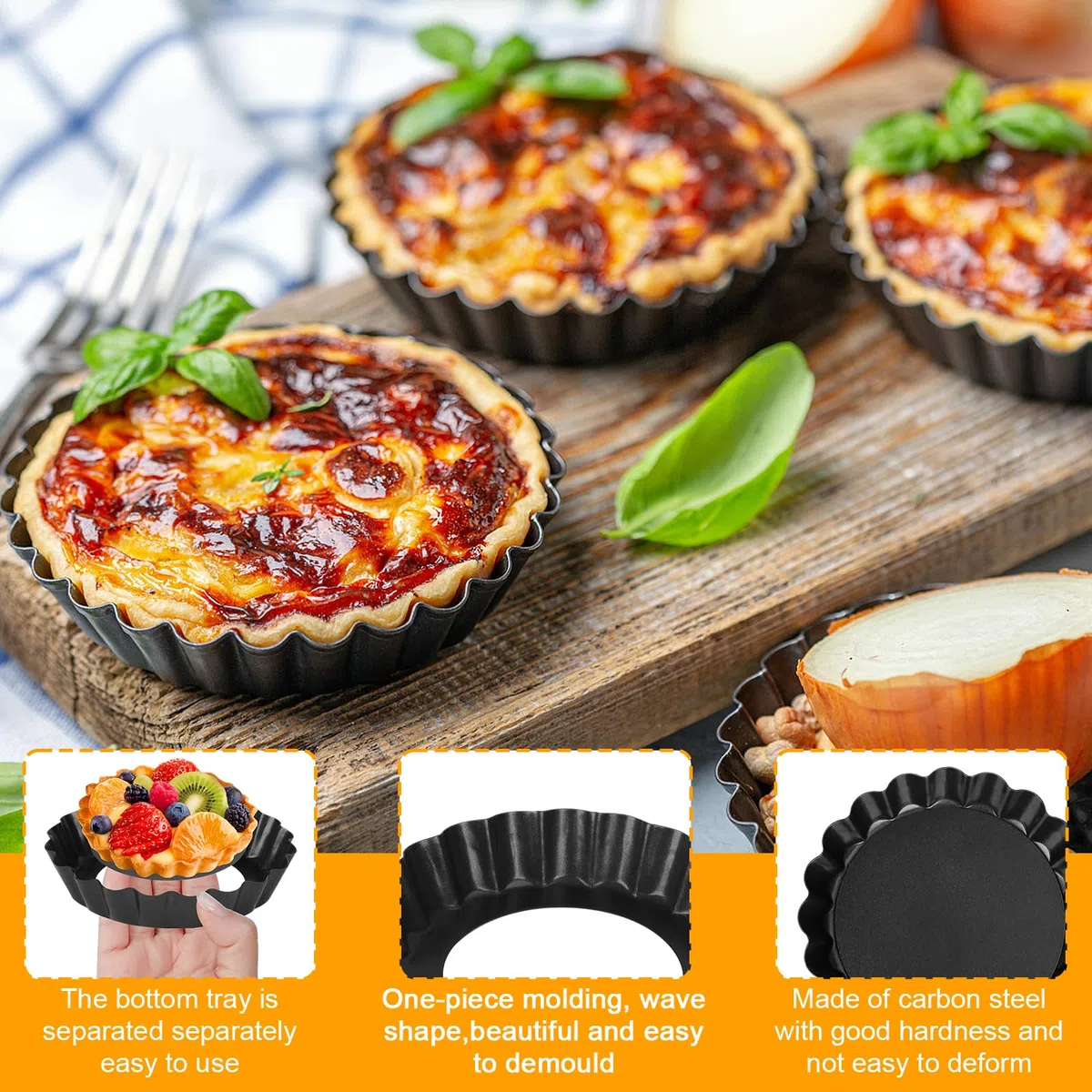 JOYBOY 12 Stück Tarteform mit Hebeboden,Mini Quicheform mit Hebeboden,Antihaftbeschichtung Mini Quicheform,Tarte Pan,Quiche Form,Obstkuchenform,Schwarz Tortenboden Backform für Quiche,Obstkuchen,Pie
