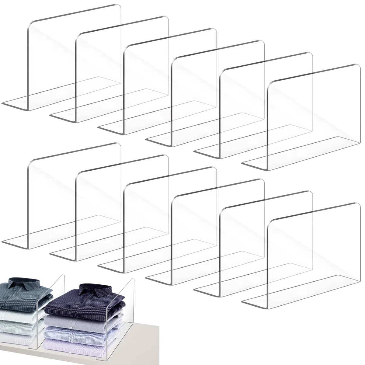 12 Stück Regaltrenner, Regaltrenner Bücher 20 x 12 cm Regaltrenner, Kleiderschrank Regalteiler für Schlafzimmer Küche Kleiderschrank (Transparent)