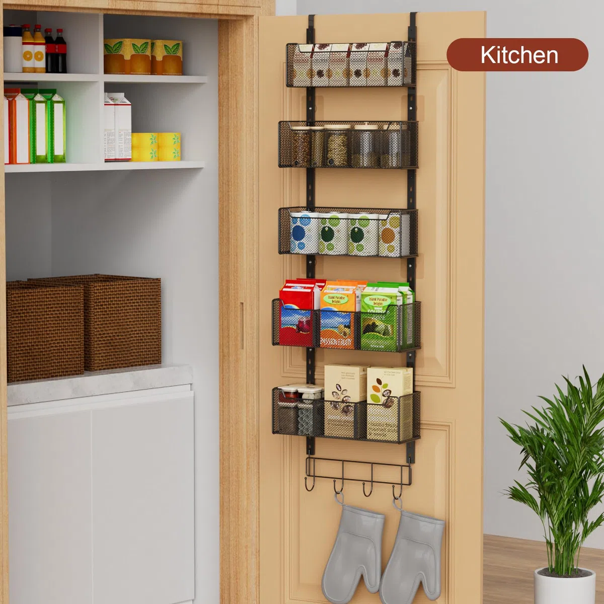 Über-der-Tür-Organizer, 5-stufig, 4 verstellbare Körbe und 8 Haken, freistehender Hänge-Organizer für die Tür, Aufbewahrung an der Türrückseite, geeignet für Küche und andere Räume, schwarz