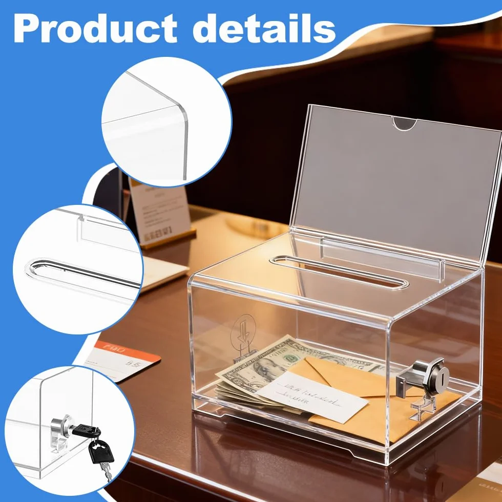 2 Stück Acrylspendenbox, Spardose Mit Schlüssel, Spendenbox Abschließbar, 16 * 12 * 10cm Wahlurne Transparent, Spardose Transparent, Gewinnspiele, Wettbewerbe, Visitenkarten